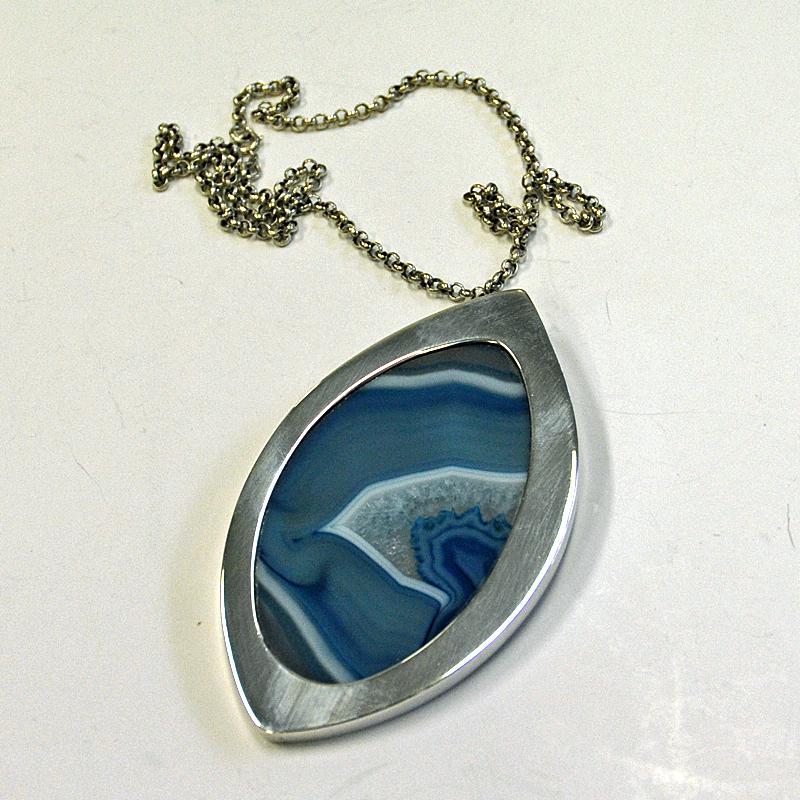 Silver Necklace with Blue Agate Stone by Marianne Berg, Norway, 1960s In Good Condition In Stockholm, SE