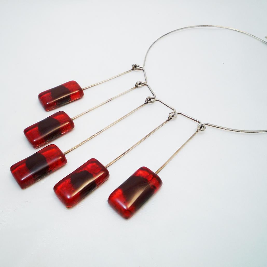Silver Necklace with Glass Elements, Design of the 1960s, Scandinavia In Good Condition For Sale In Berlin, DE