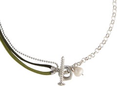 Silver Necklace with Green Ribbons and Hanging Freshwater Pearl