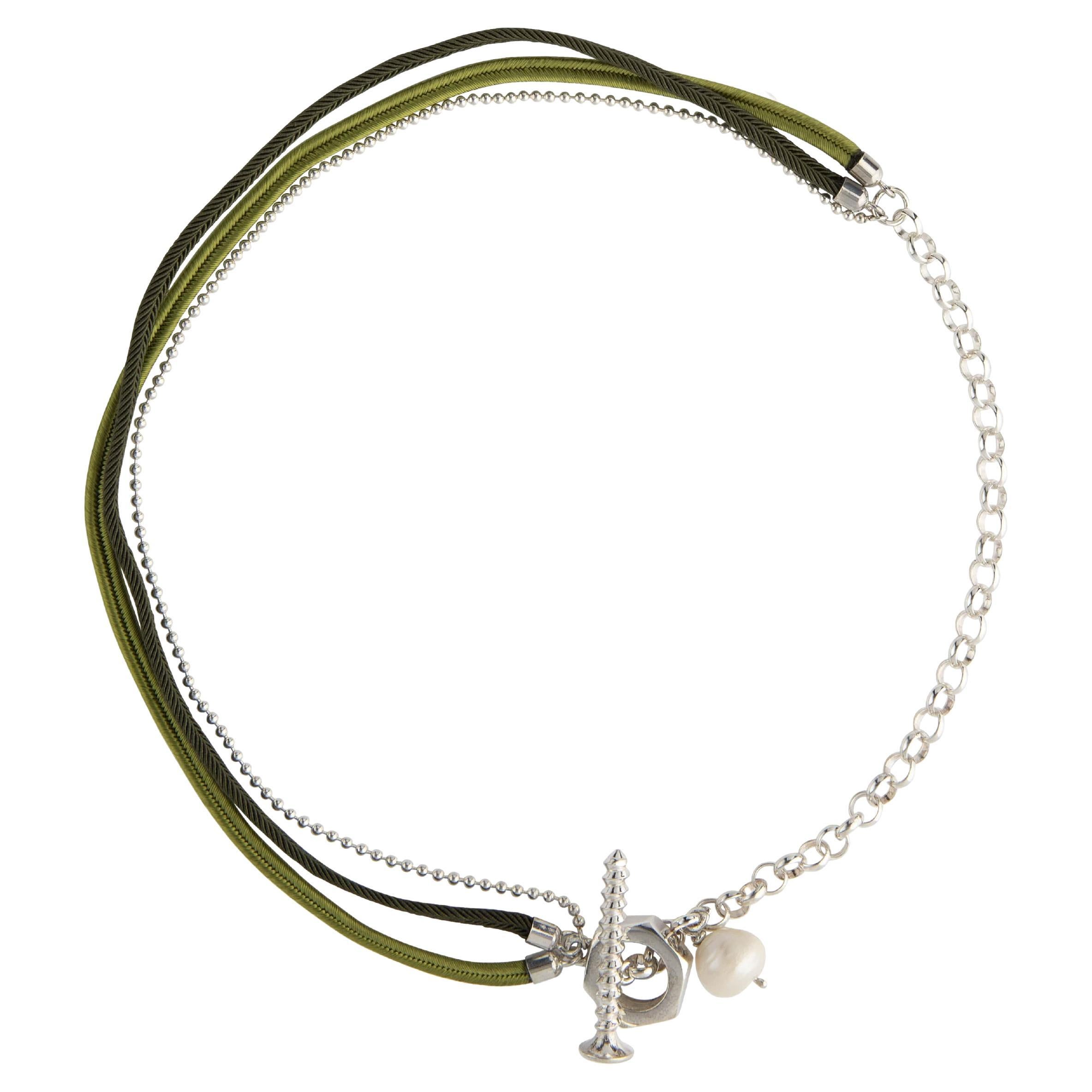 Silver Necklace with Green Ribbons and Hanging Freshwater Pearl
