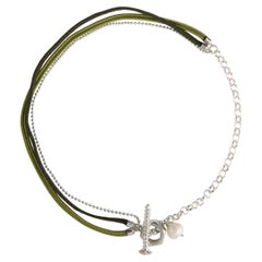 Silver Necklace with Green Ribbons and Hanging Freshwater Pearl
