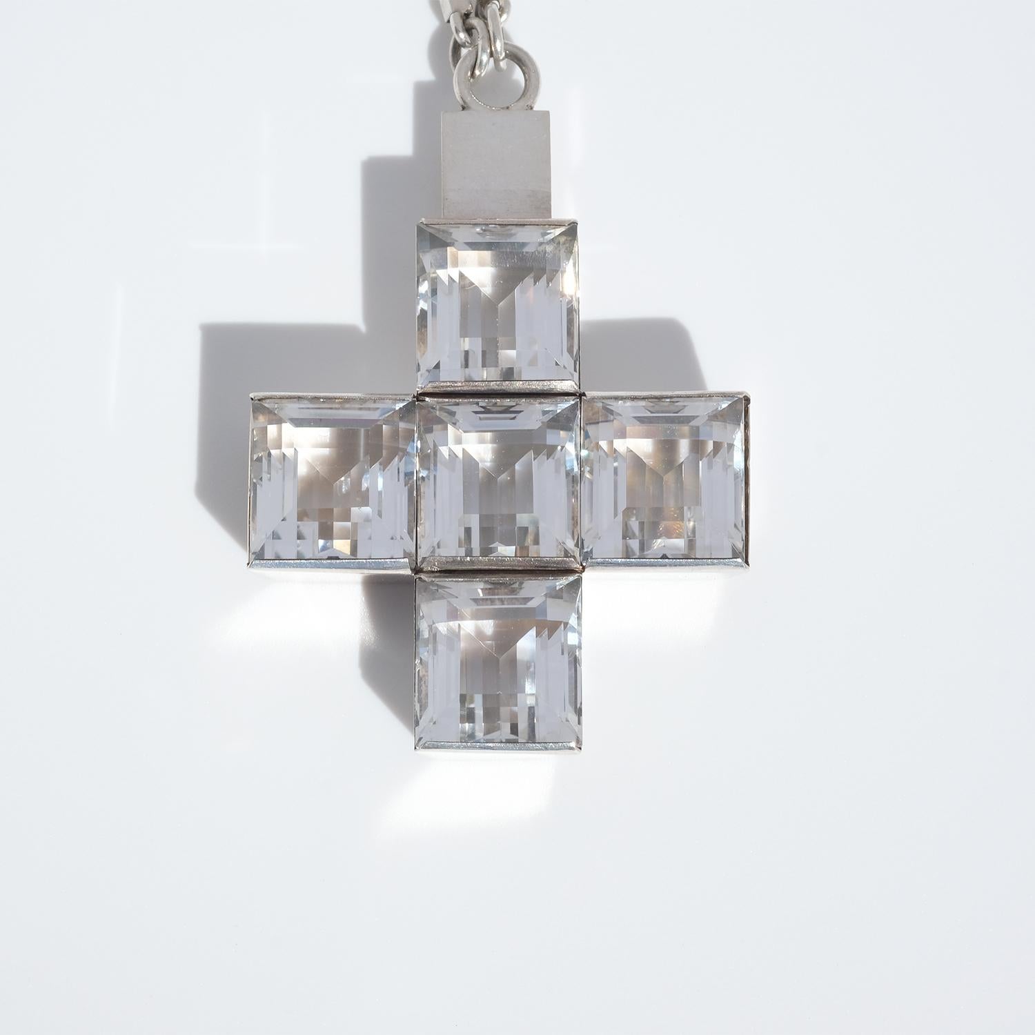 Square Cut Silver Necklace with Rock Crystal Cross, Made by Wiwen Nilsson in 1939, Sweden For Sale
