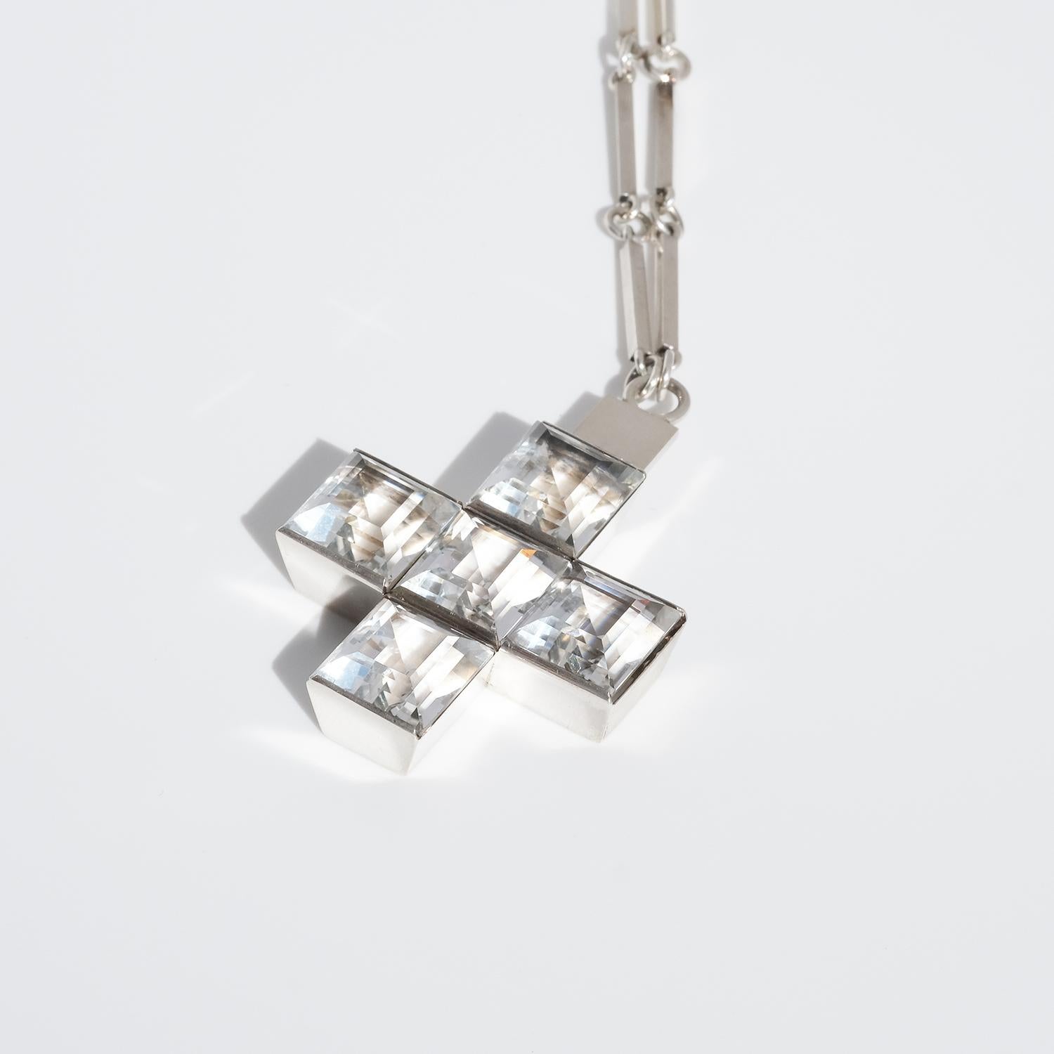 Women's or Men's Silver Necklace with Rock Crystal Cross, Made by Wiwen Nilsson in 1939, Sweden For Sale