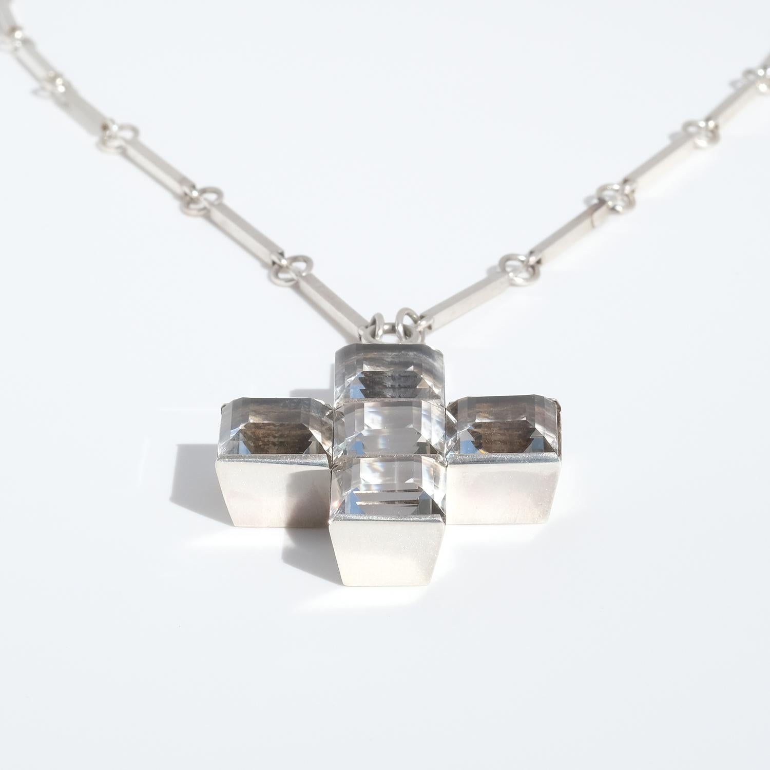 Silver Necklace with Rock Crystal Cross, Made by Wiwen Nilsson in 1939, Sweden For Sale 1