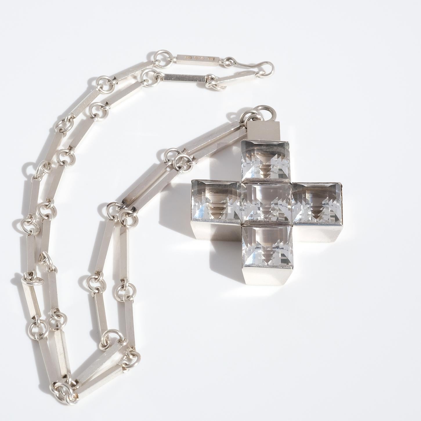 Silver Necklace with Rock Crystal Cross, Made by Wiwen Nilsson in 1939, Sweden For Sale 2