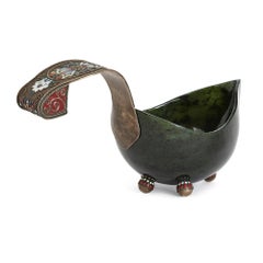 Silver, Nephrite and Cloisonné Enamel Fabergé Style Russian Kovsch