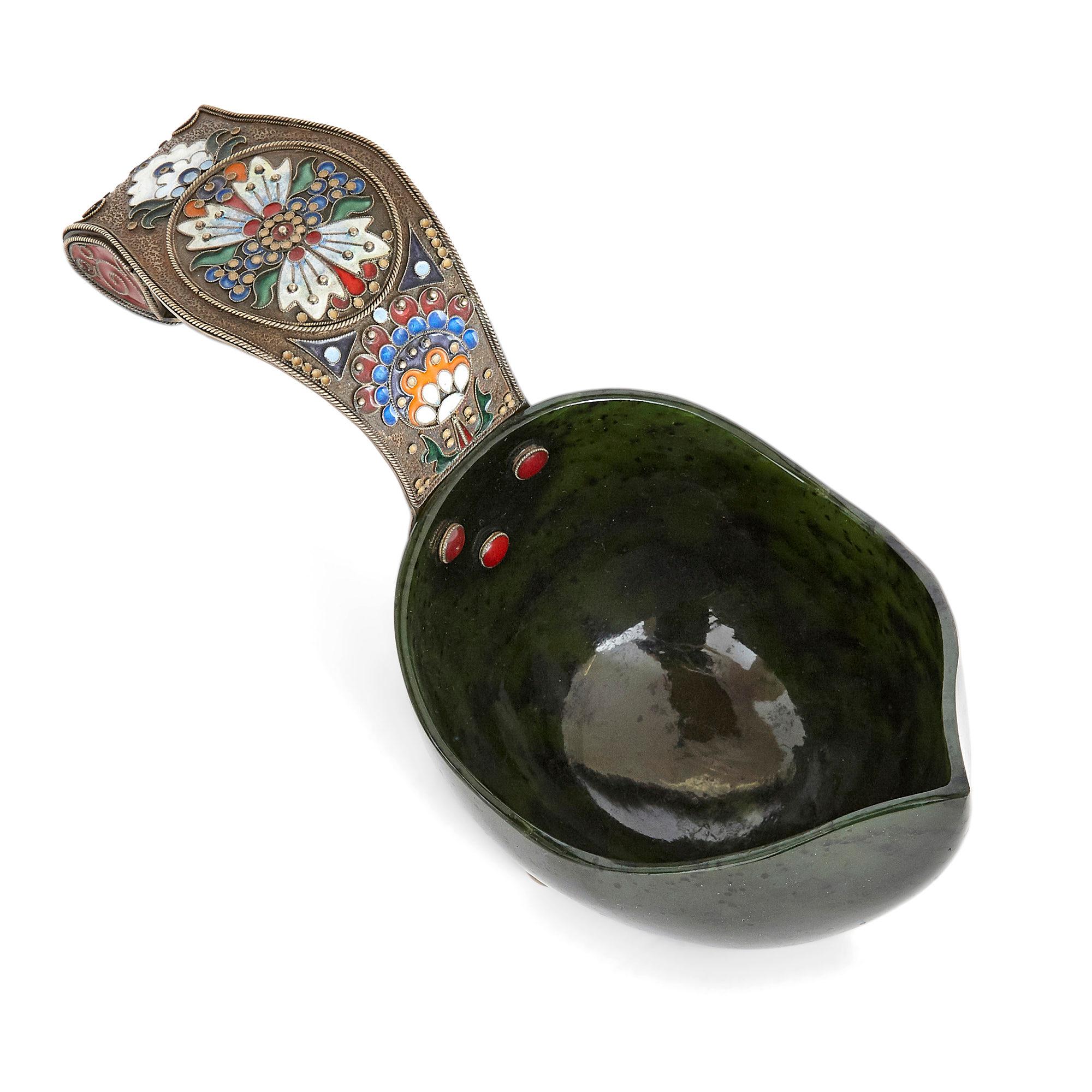 Silver, Nephrite and Cloisonné Enamel Fabergé Style Russian Kovsch In Good Condition For Sale In London, GB