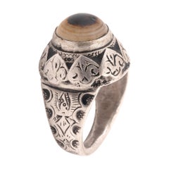 Antique Silver and Niello Eye Agate Persian 16th Century Amulet Ring