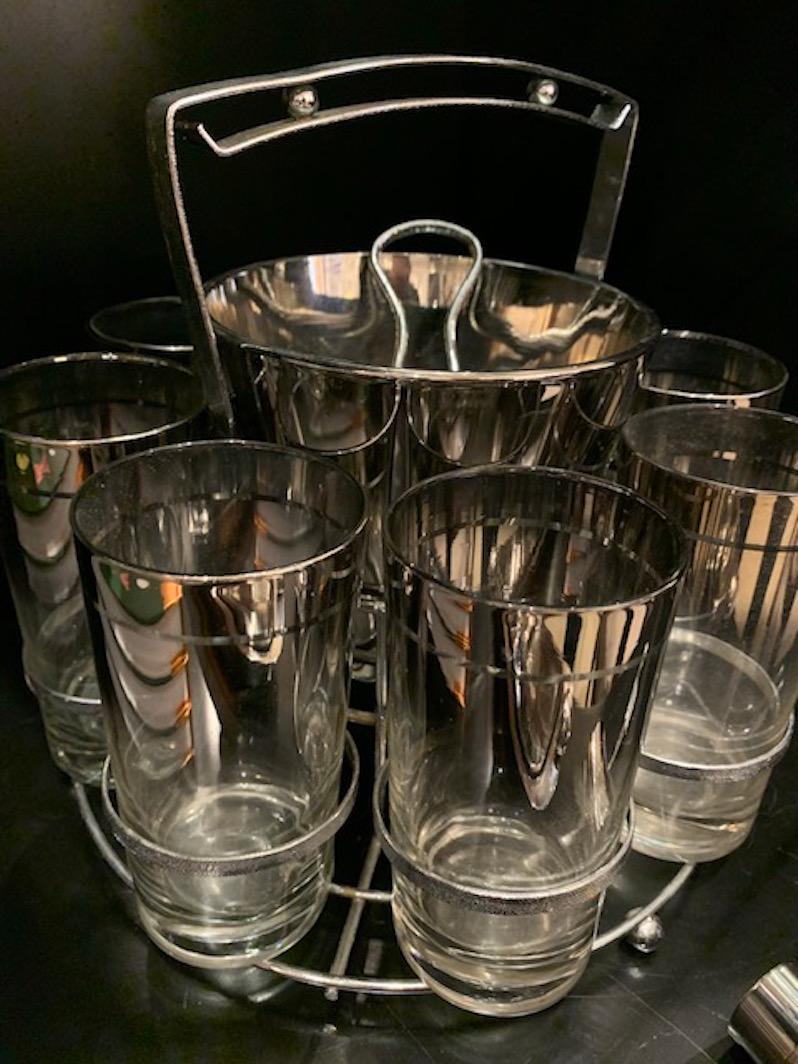 Glass Silver Ombre Highball Set with Ice Bucket and Caddy For Sale