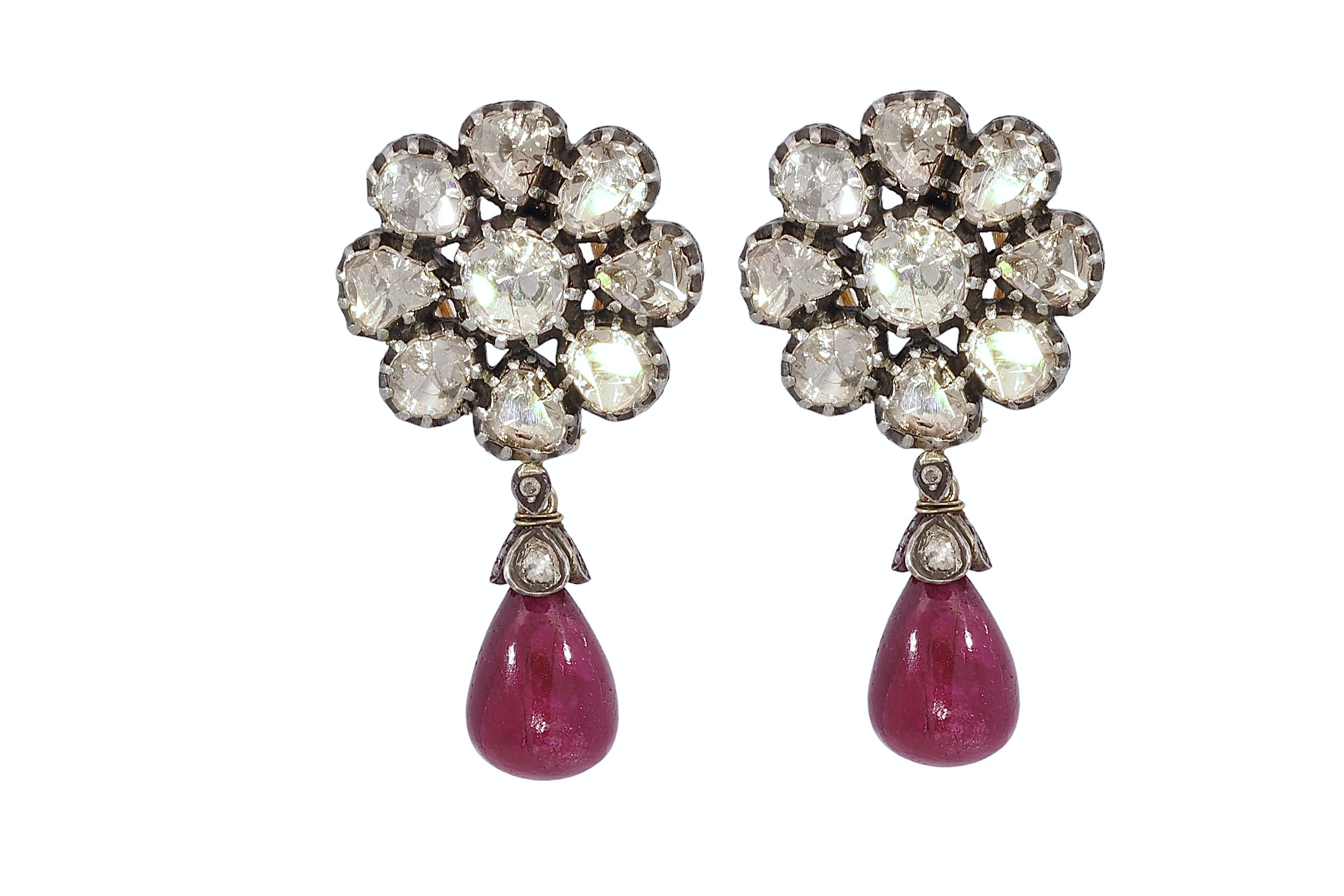 Artisan Silver on Gold Earrings With Rose Cut Diamonds in Flower Shape with Ruby  For Sale