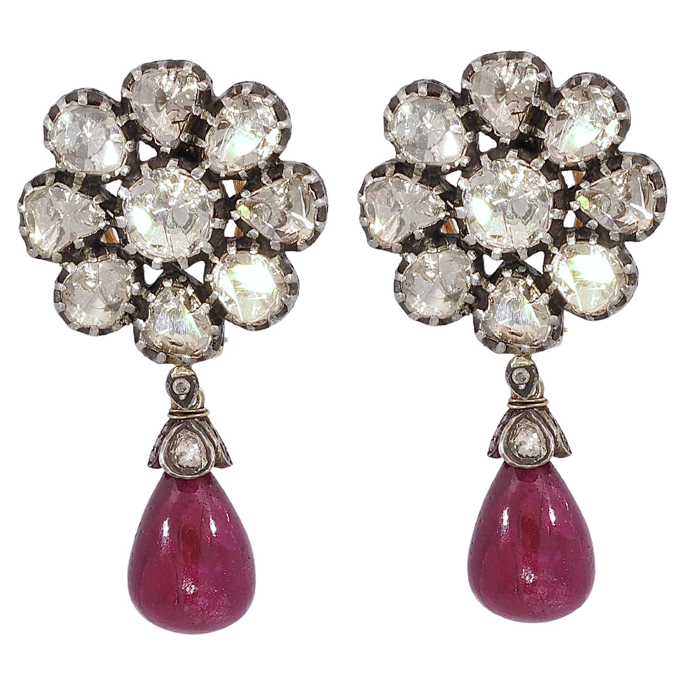 Silver on Gold Earrings With Rose Cut Diamonds in Flower Shape with Ruby  For Sale