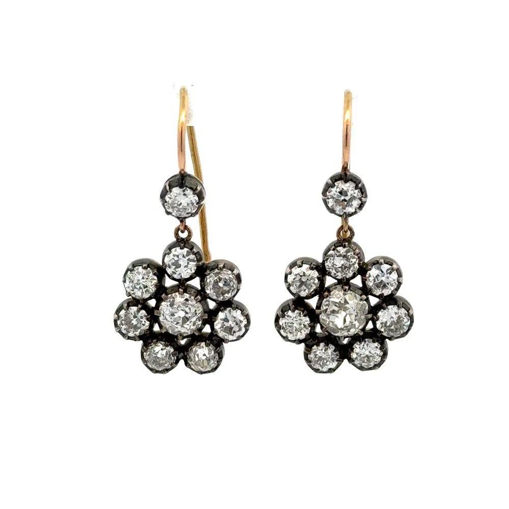 Women's Silver on Gold Old European Cut Diamond Victorian Drop Statement Earrings For Sale