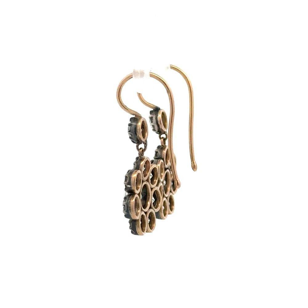 Silver on Gold Old European Cut Diamond Victorian Drop Statement Earrings For Sale 2