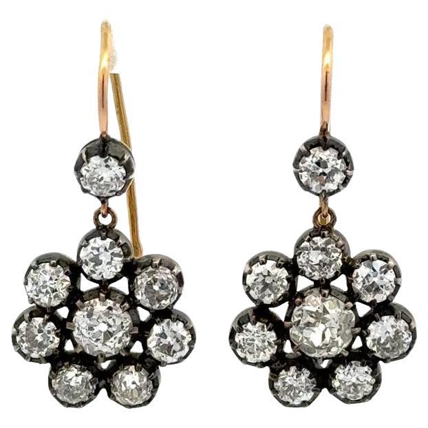 Silver on Gold Old European Cut Diamond Victorian Drop Statement Earrings