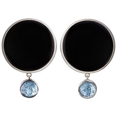 Silver Onyx and Aquamarine Dangling Earrings