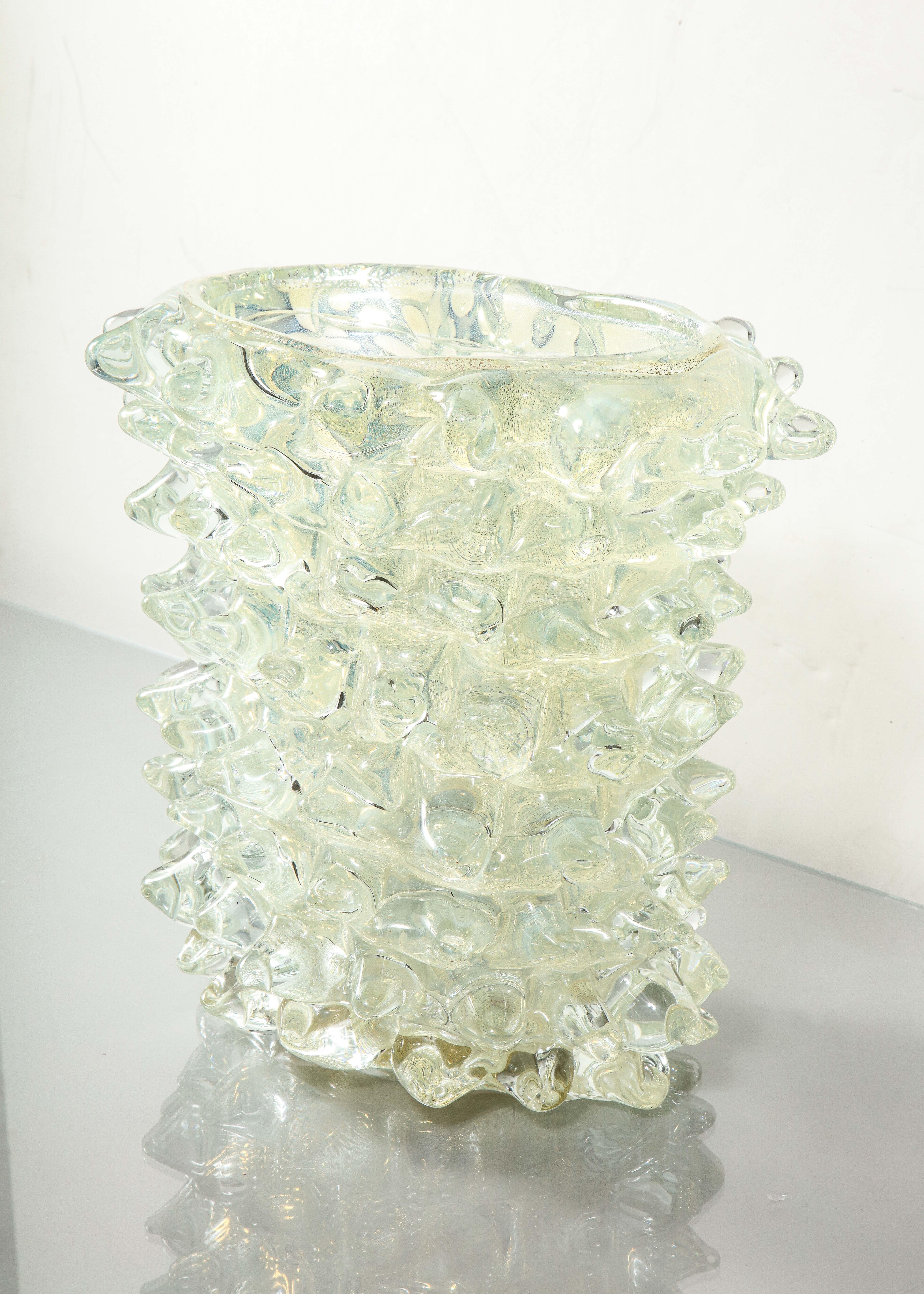 Hand-blown, mid-century style, silver opalescent glass vase with spike design in the manner of Barovier, Italy.

