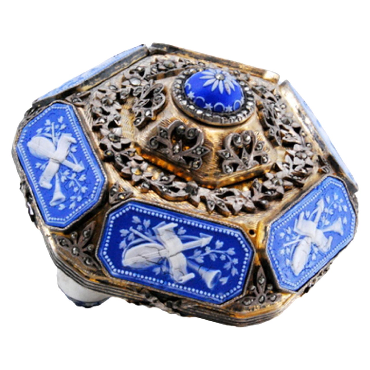 Silver opening bell with mosaic reliefs on three half-ball feet