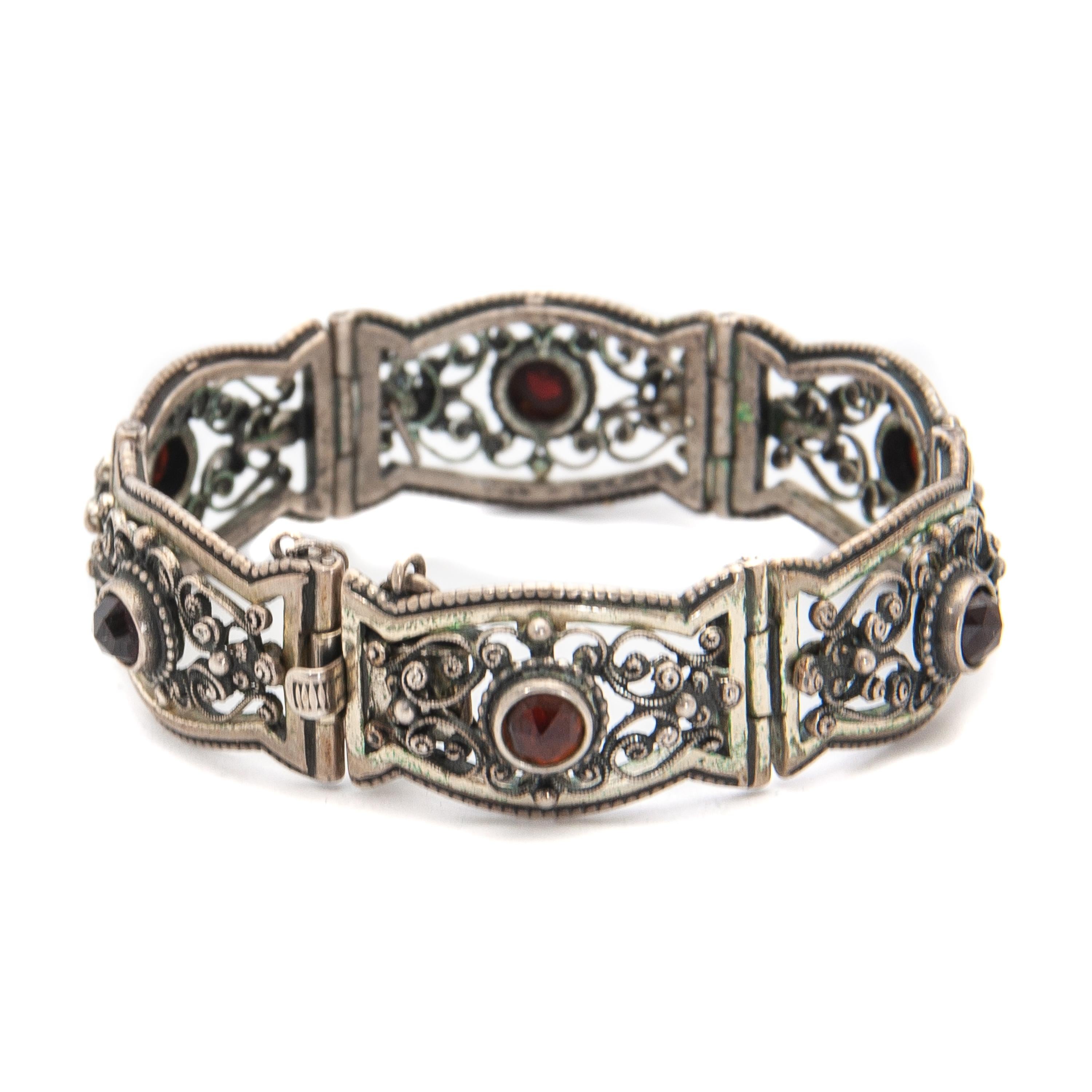 Women's Vintage Silver Red Garnet Openwork Link Bracelet