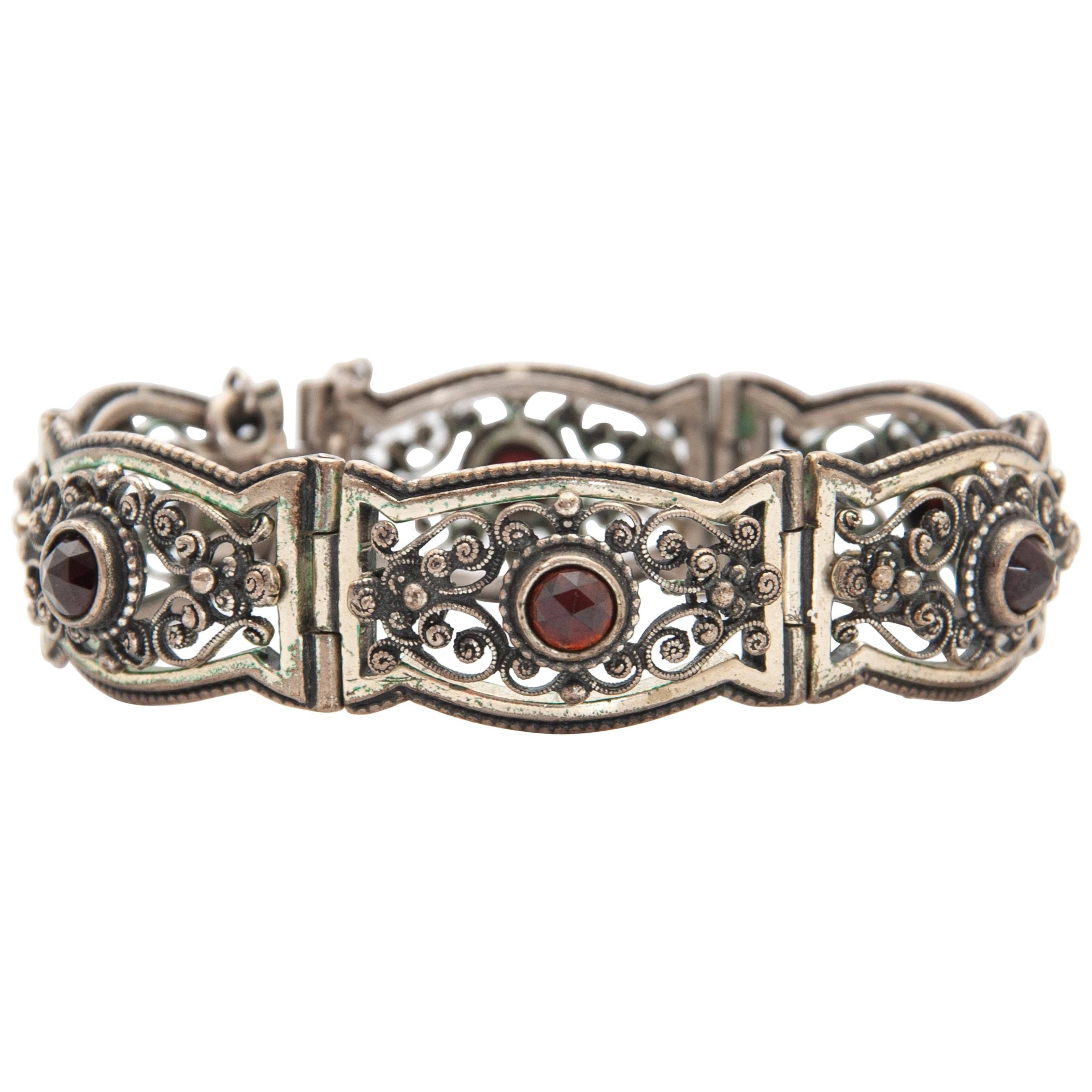 Vintage Silver Red Garnet Openwork Link Bracelet