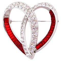 Vintage Silver Openwork Heart Brooch With Ruby Red Baguette Crystals By Nolan Miller