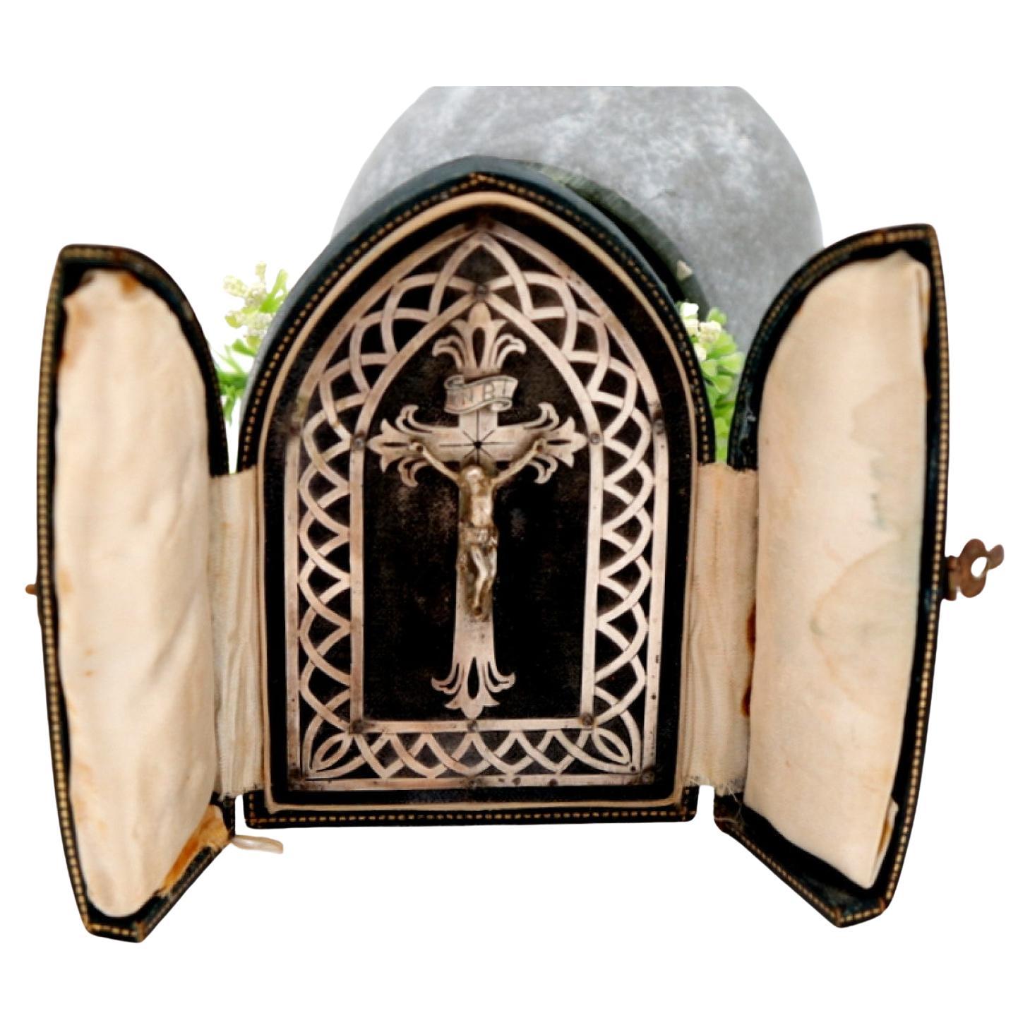 Silver oratory with reliefs, cutouts, and crucified Christ in case For Sale