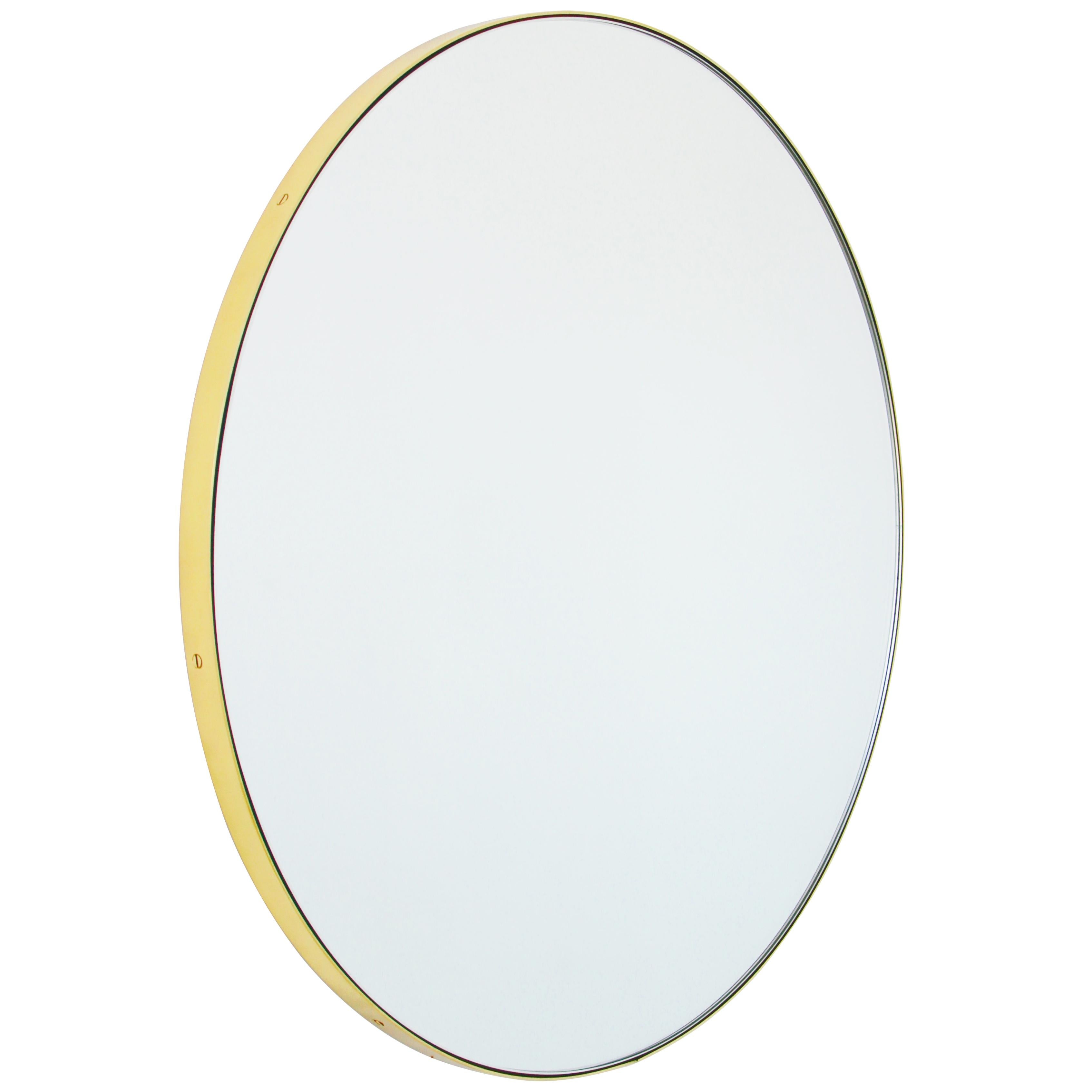 Orbis Round Minimalist Contemporary Mirror with a Brass Frame, Medium