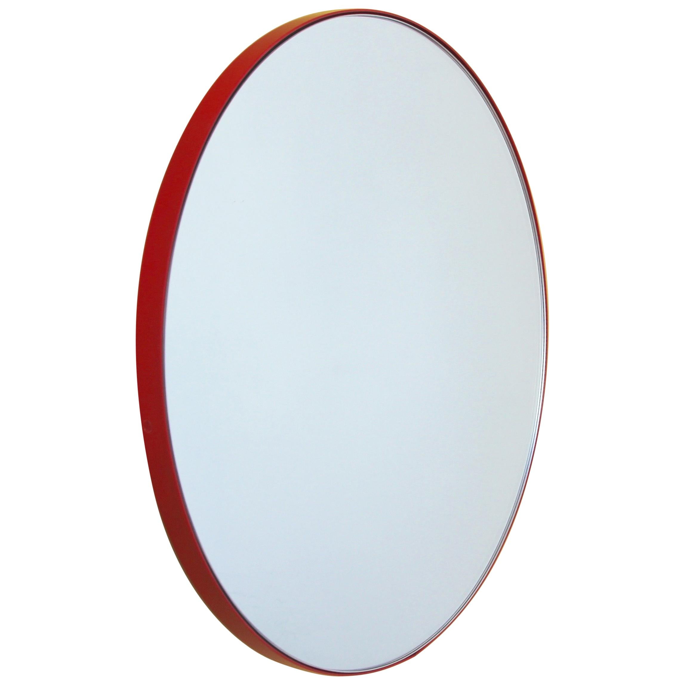 Orbis Round Contemporary Handcrafted Mirror with Red Frame, Large For Sale