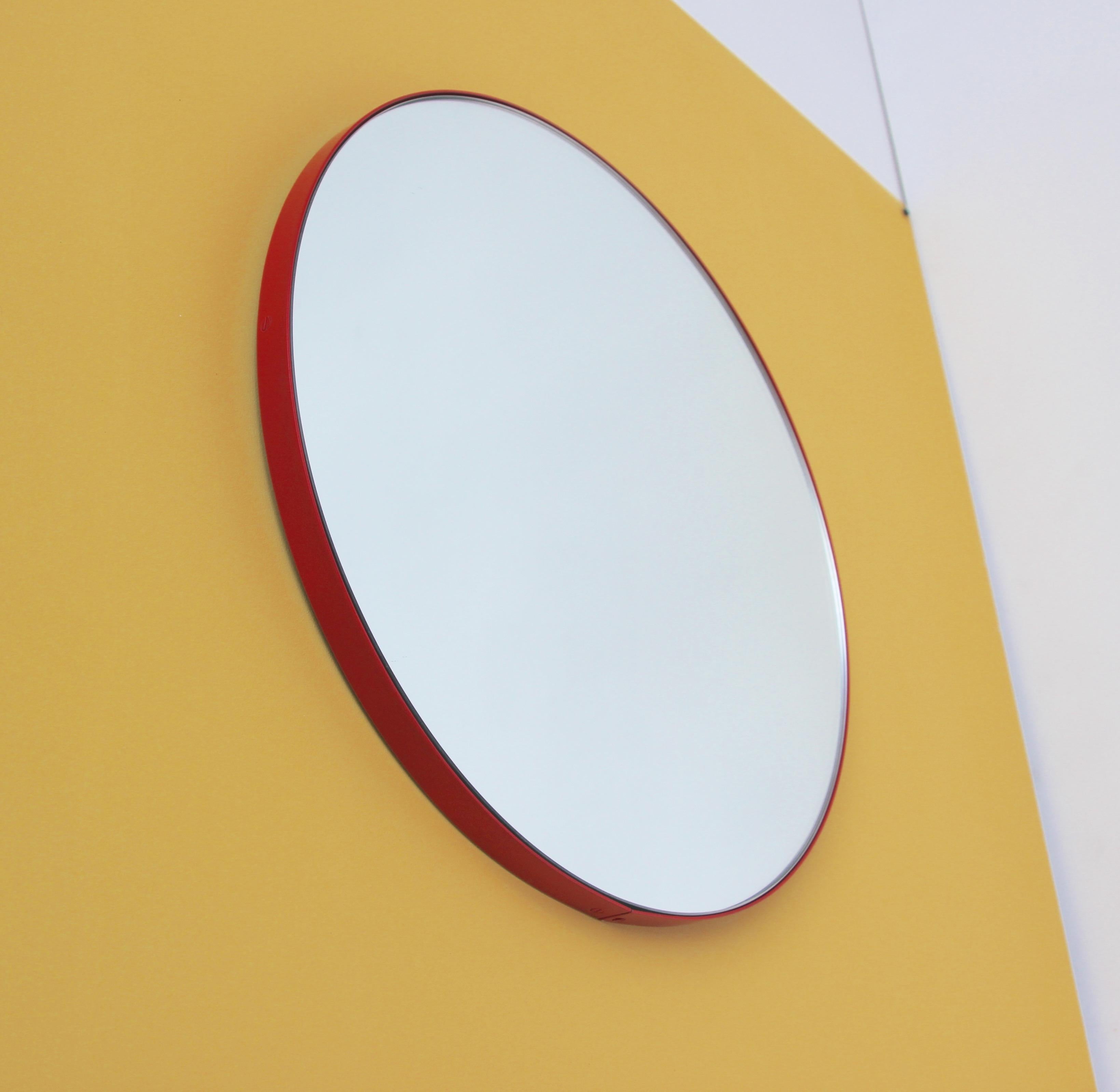 British Orbis Round Minimalist Mirror with Red Frame, Medium For Sale