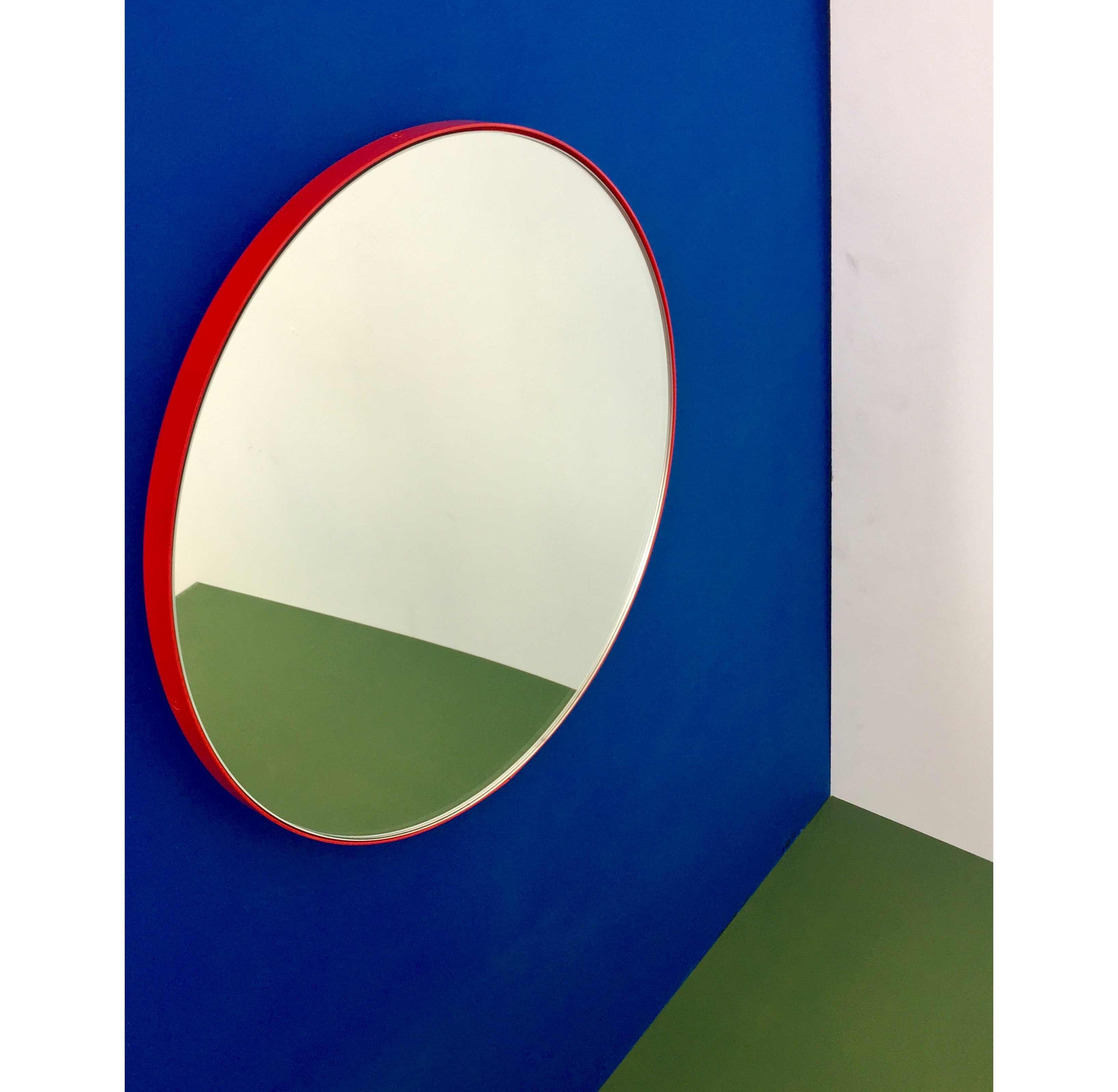 Contemporary Orbis Round Minimalist Mirror with Red Frame, Medium For Sale