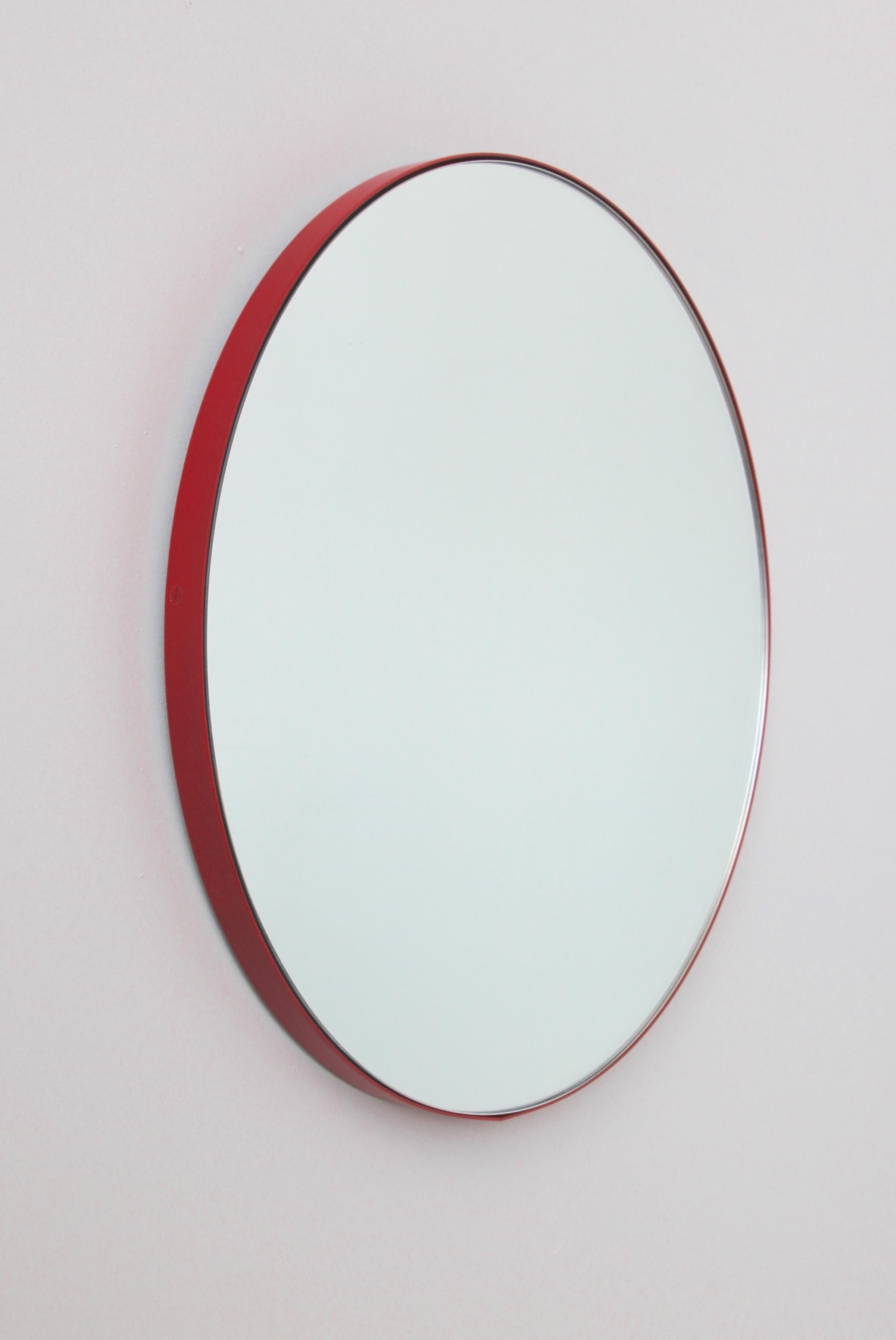 Aluminum Orbis Round Minimalist Mirror with Red Frame, Medium For Sale