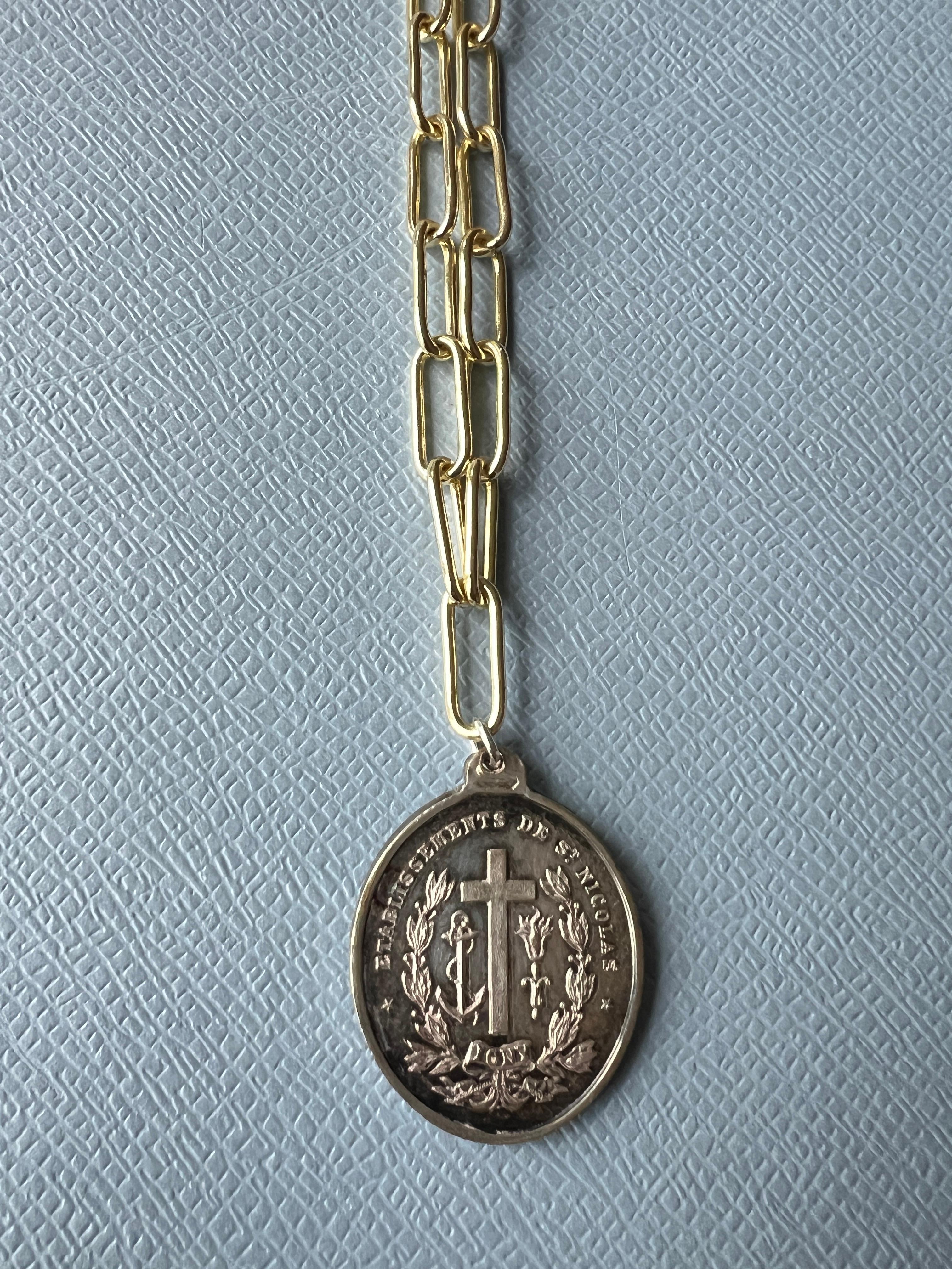 French Silver Oval Medal Gold-Plated Paper Chain Necklace - Vintage Cross Image 8