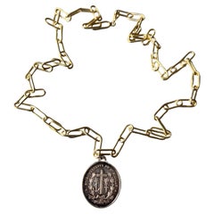 French Silver Oval Medal Gold-Plated Paper Chain Necklace - Vintage Cross Image