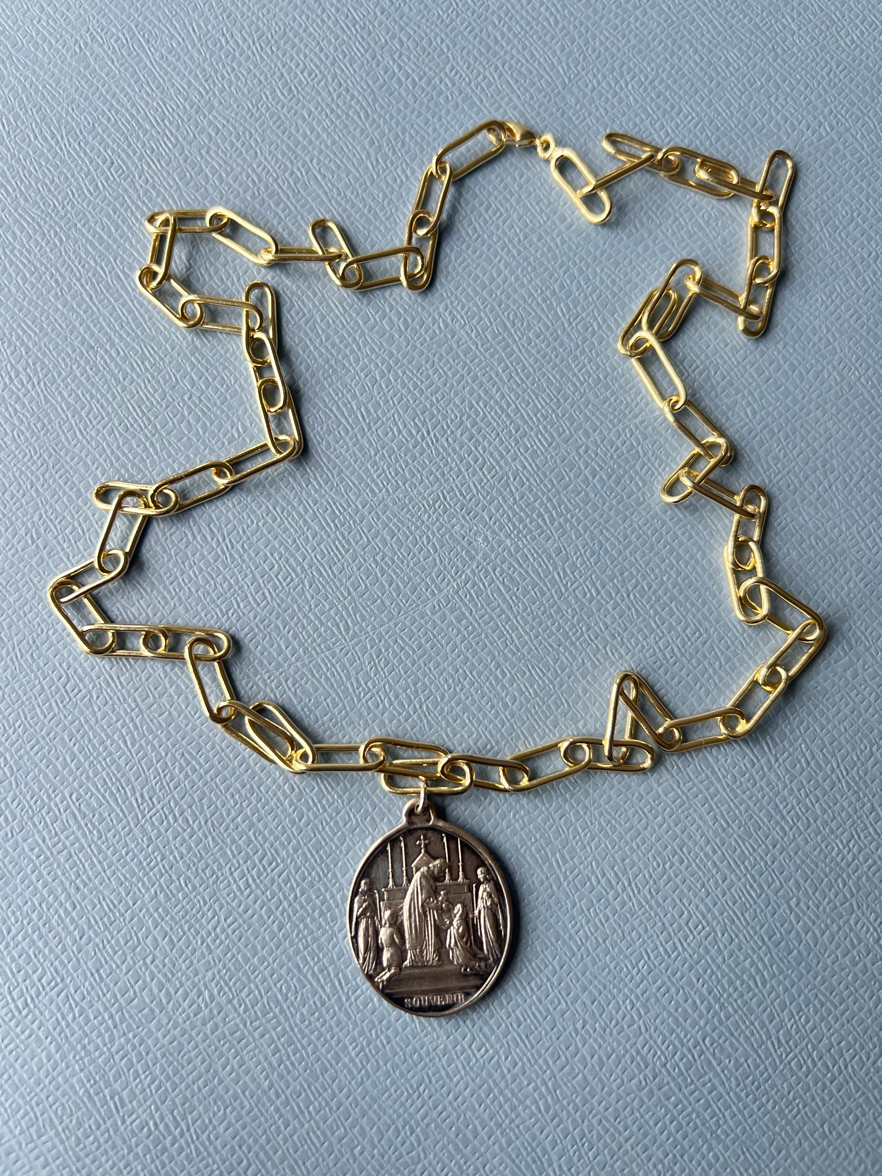 French Silver Oval Medal Gold-Plated Paper Chain Necklace - Vintage Cross Image 1