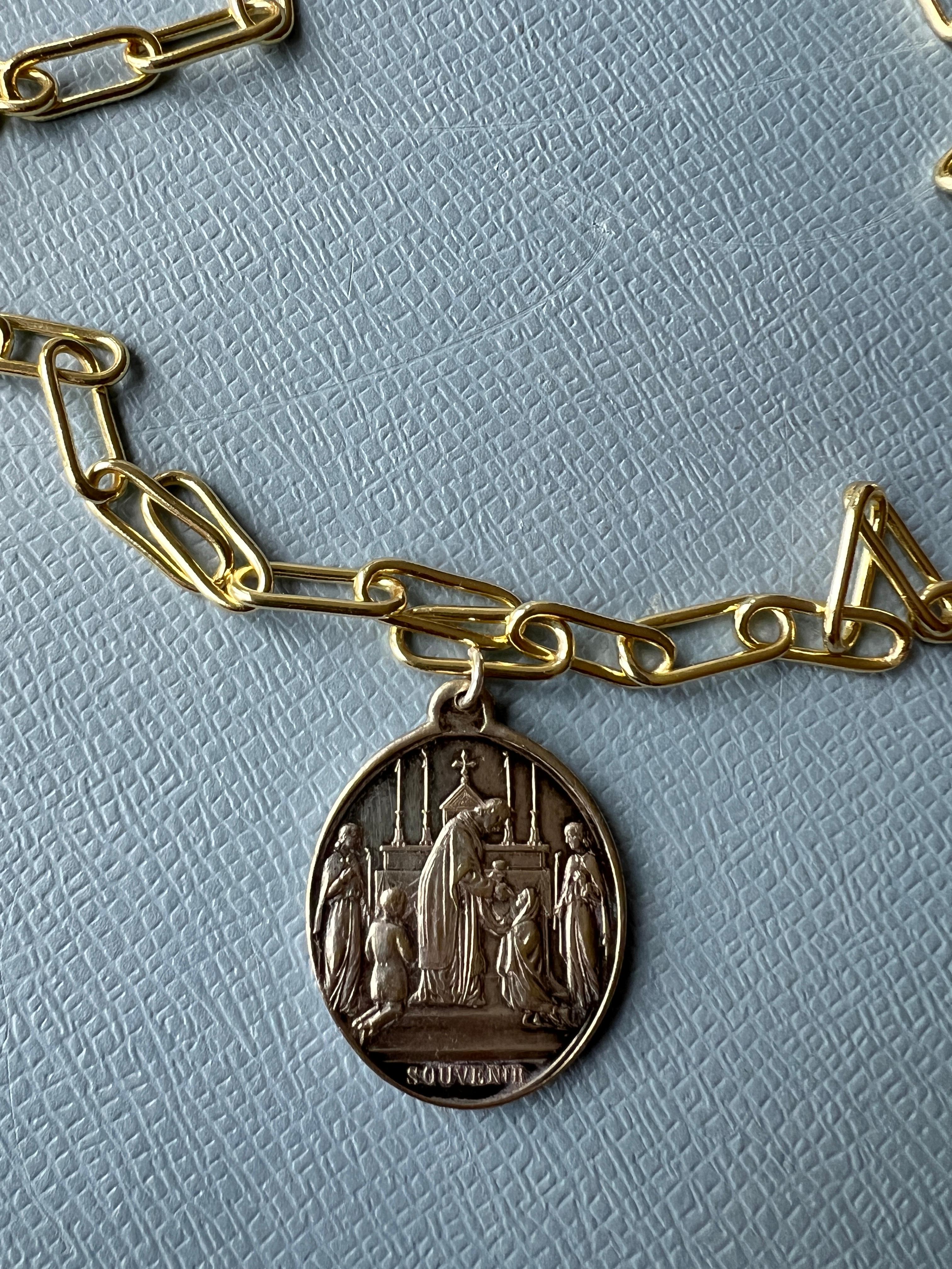 French Silver Oval Medal Gold-Plated Paper Chain Necklace - Vintage Cross Image 3