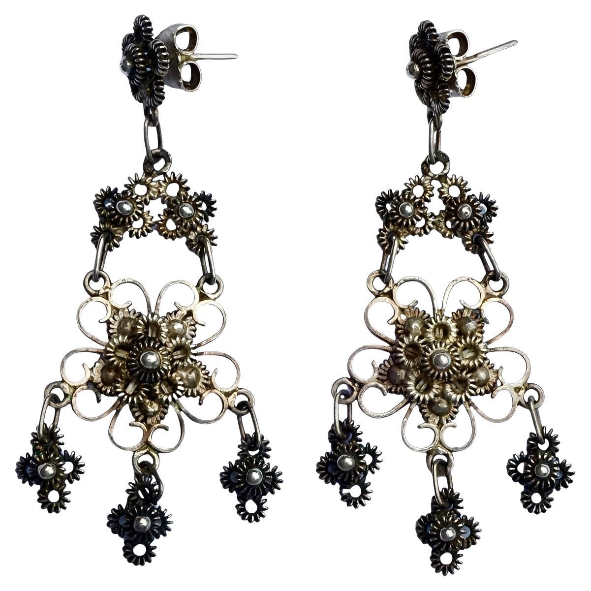 Silver Ornate Filigree Drop Earrings For Sale