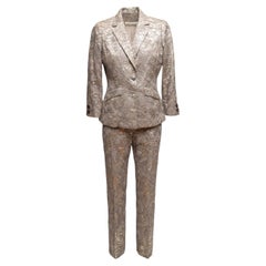 Silver Oscar de la Renta Silk-Blend Metallic Jacquart Pantsuit Size US 8