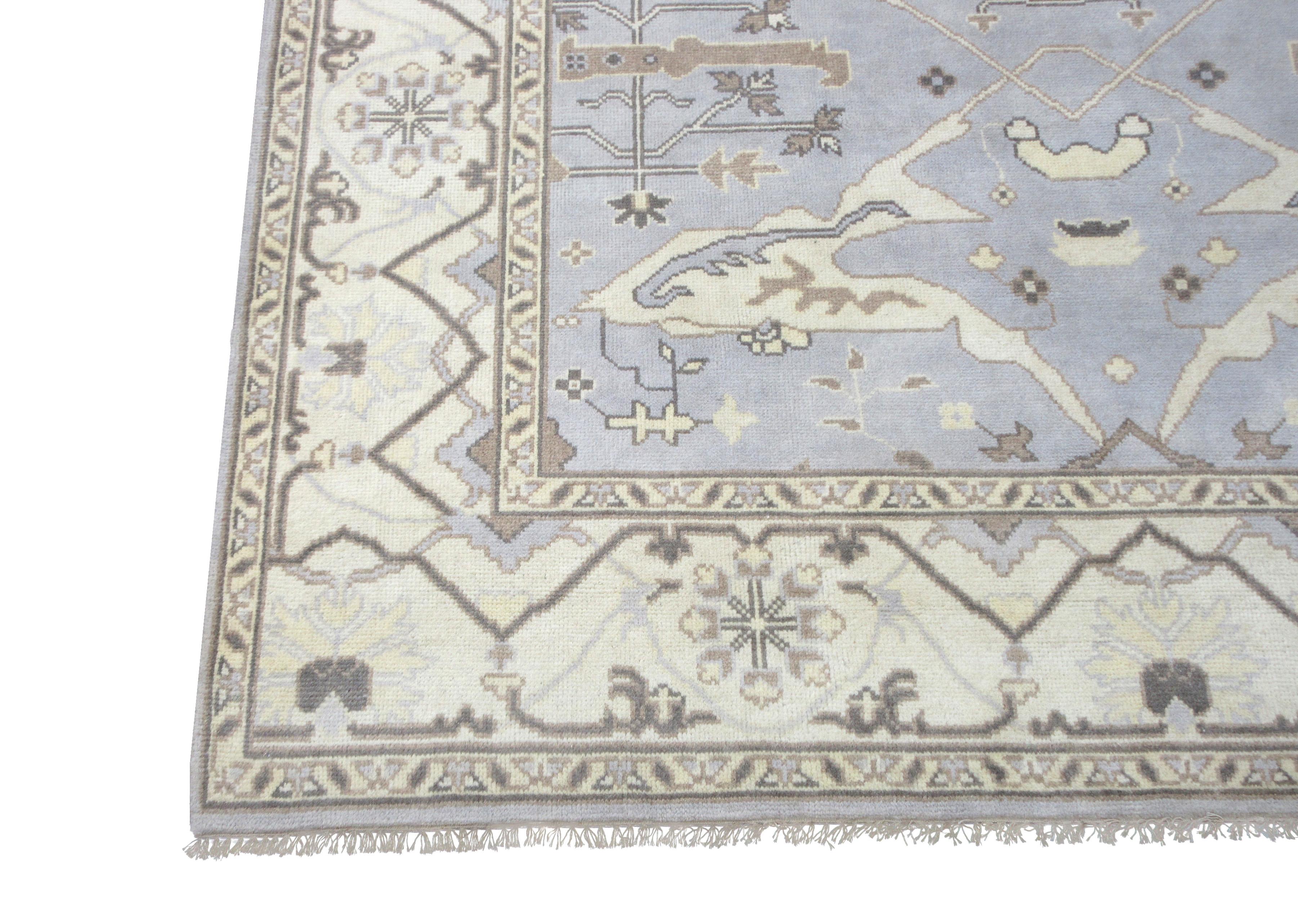 Hand-Knotted Silver Oushak Area Rug For Sale