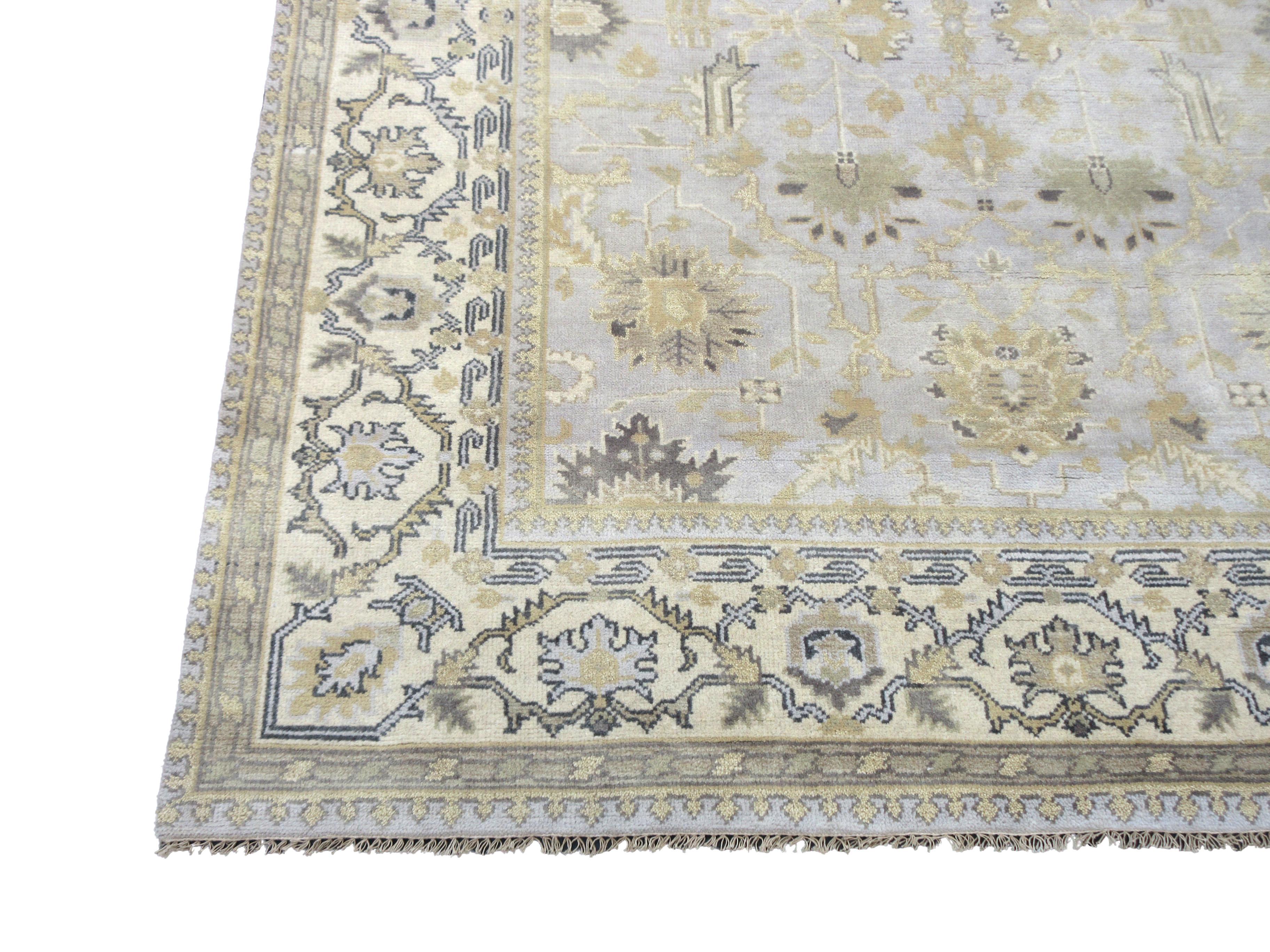 Hand-Knotted Silver Oushak Area Rug For Sale