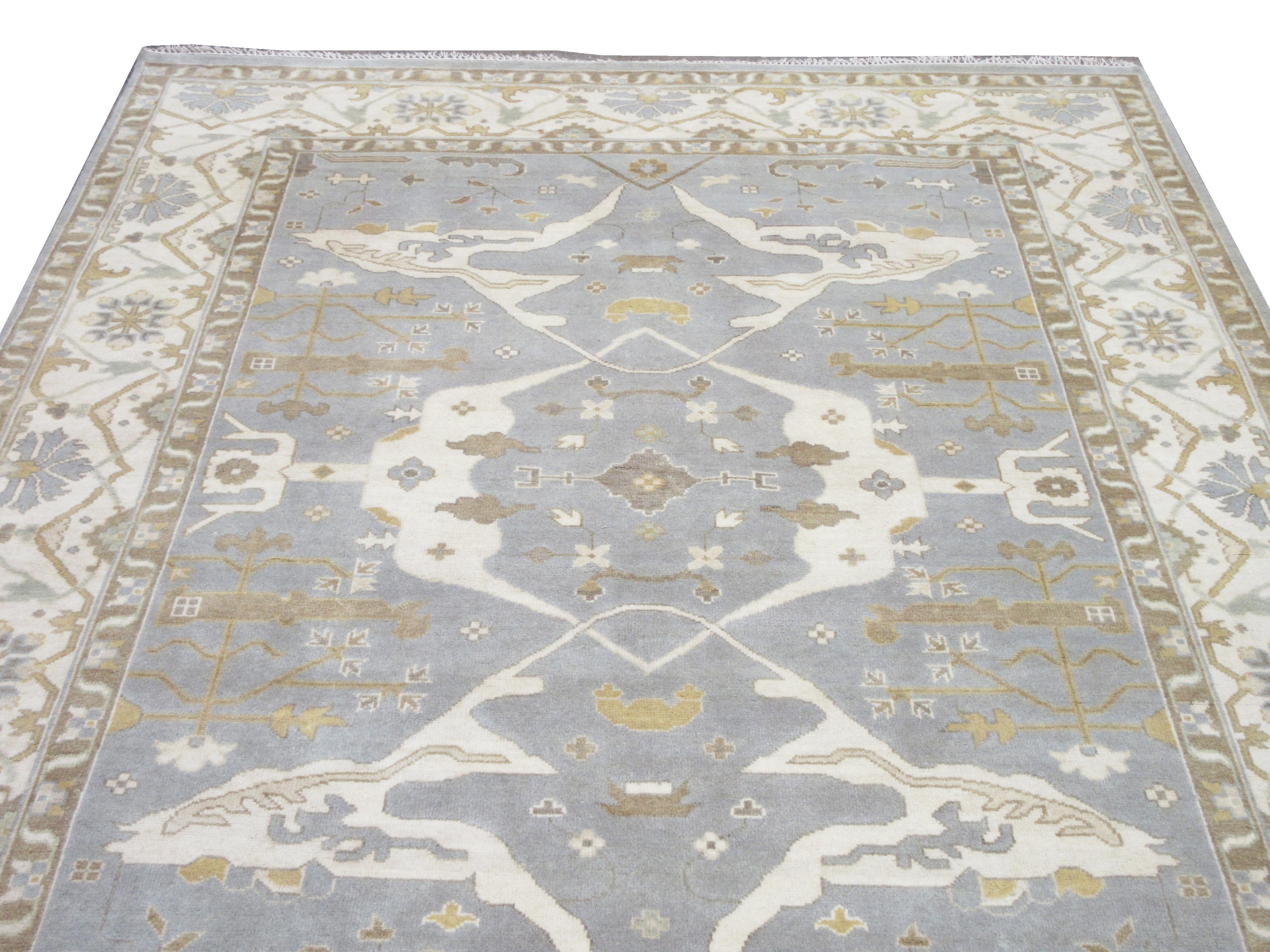 Indian Silver Oushak Hand-Knotted Rug For Sale