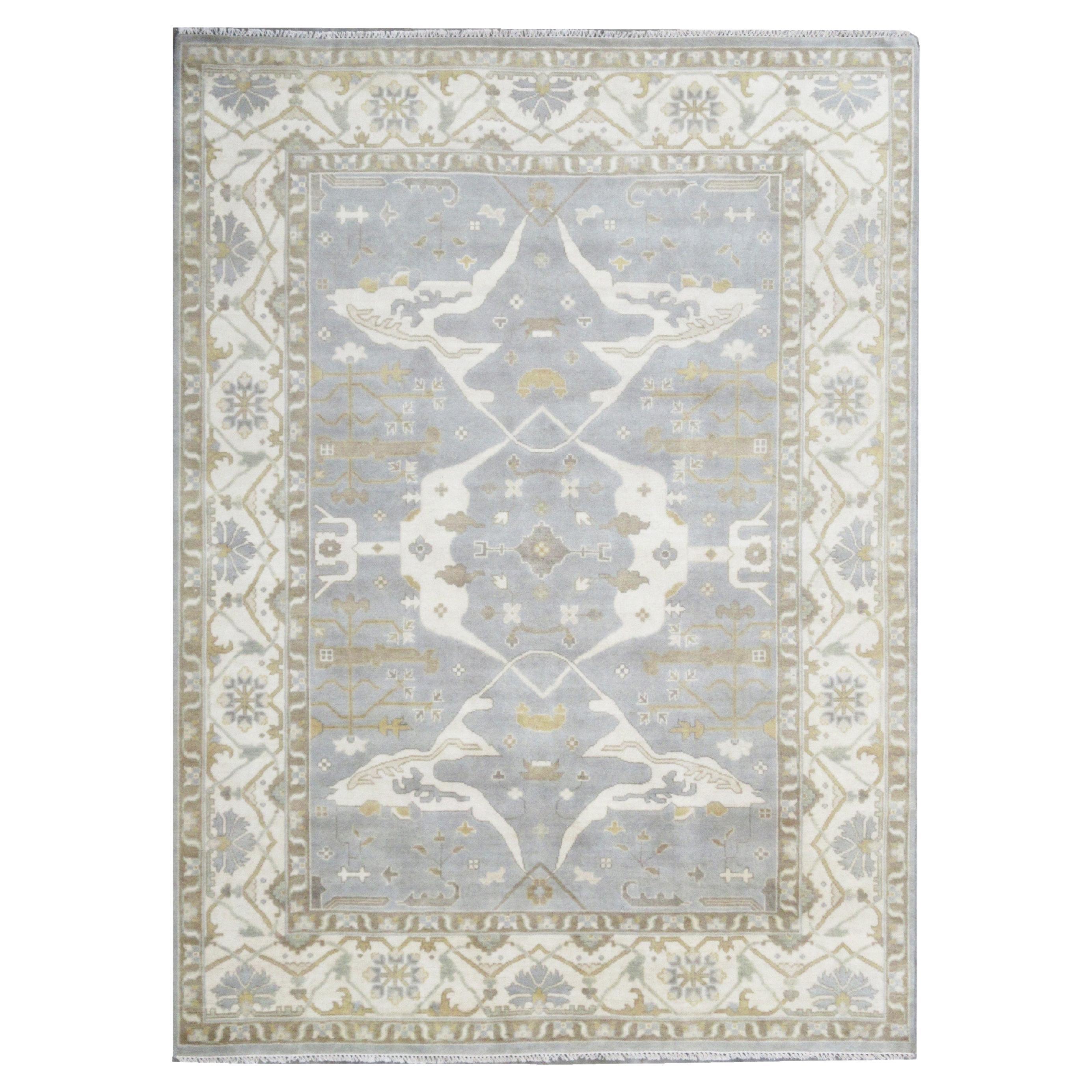 Silver Oushak Hand-Knotted Rug For Sale