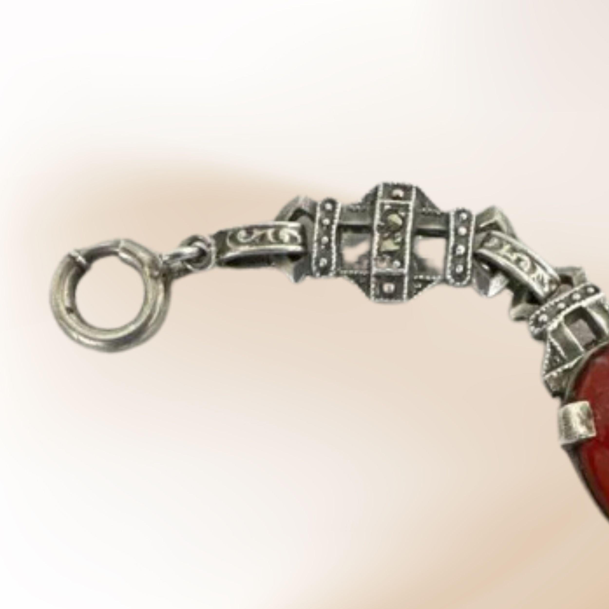 Silver & Oval Carnelian Agate Vintage Link Bracelet For Sale 2