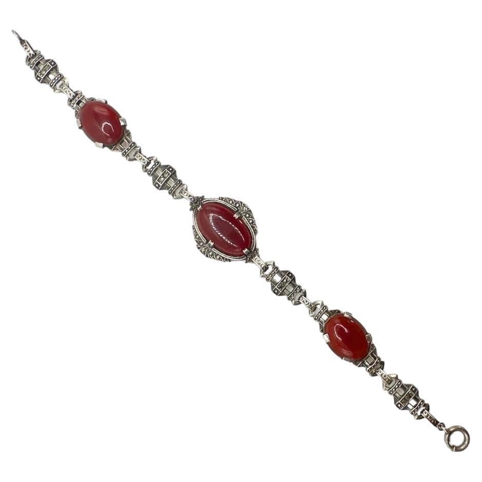 Silver & Oval Carnelian Agate Vintage Link Bracelet For Sale