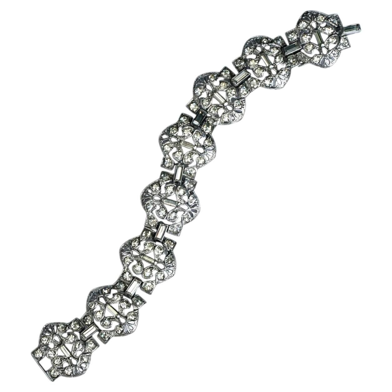 Art Deco Silver Tone Link Bracelet set with Rhinestones circa 1930s For Sale
