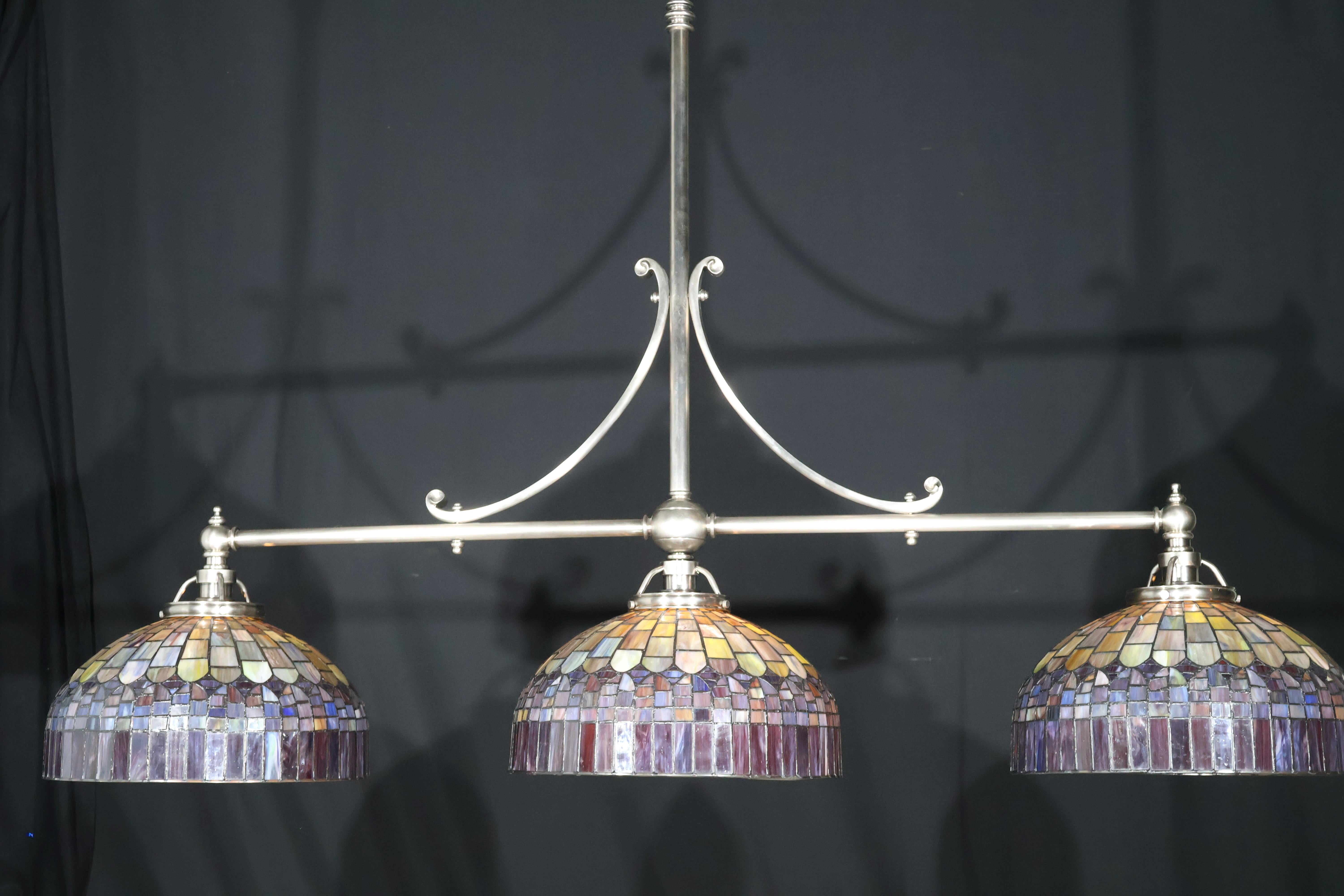 Lampada da biliardo a 3 luci in argento e bronzo in vendita 8
