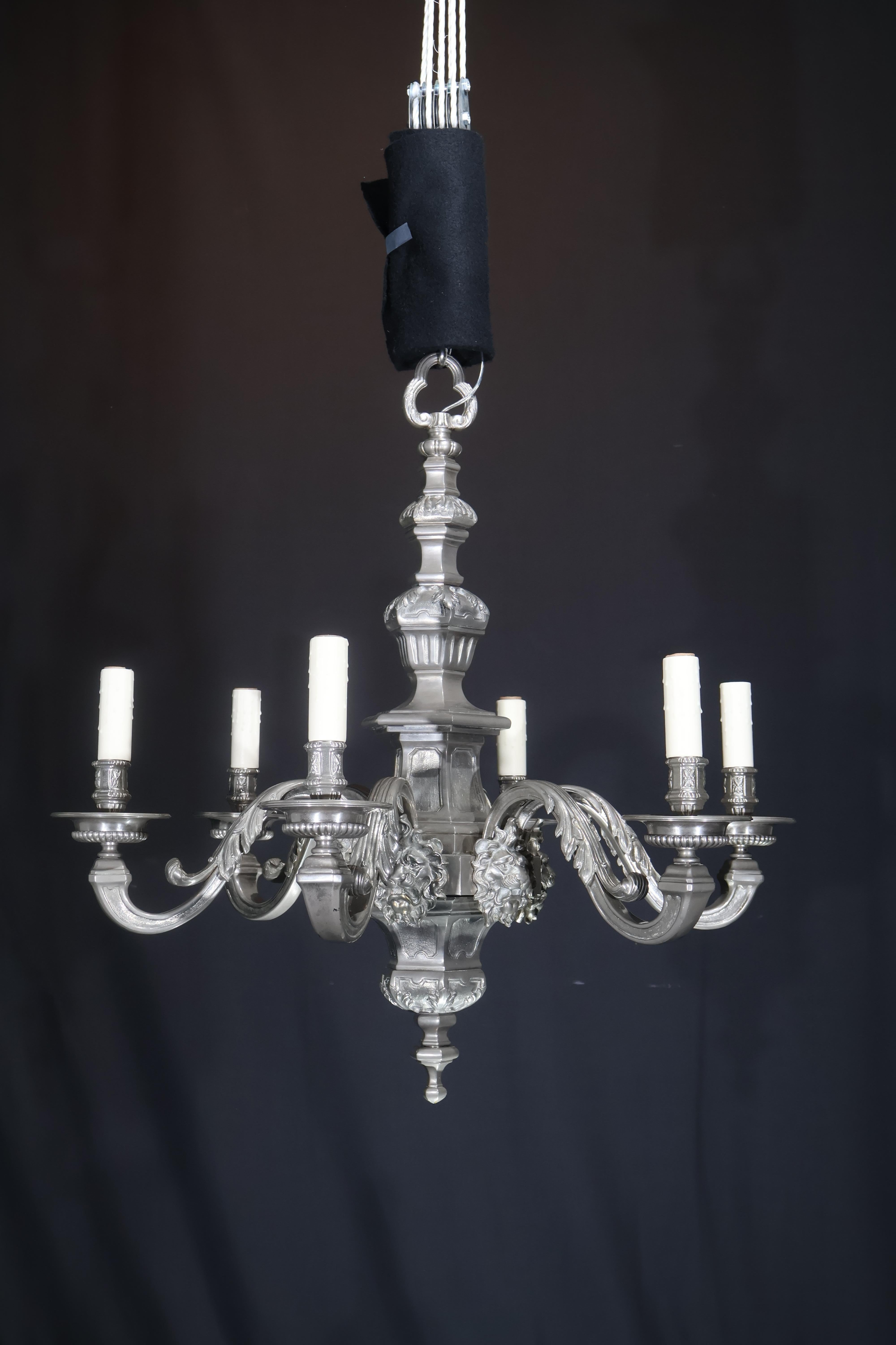 Silver Over Bronze 6 Light Chandelier For Sale 3