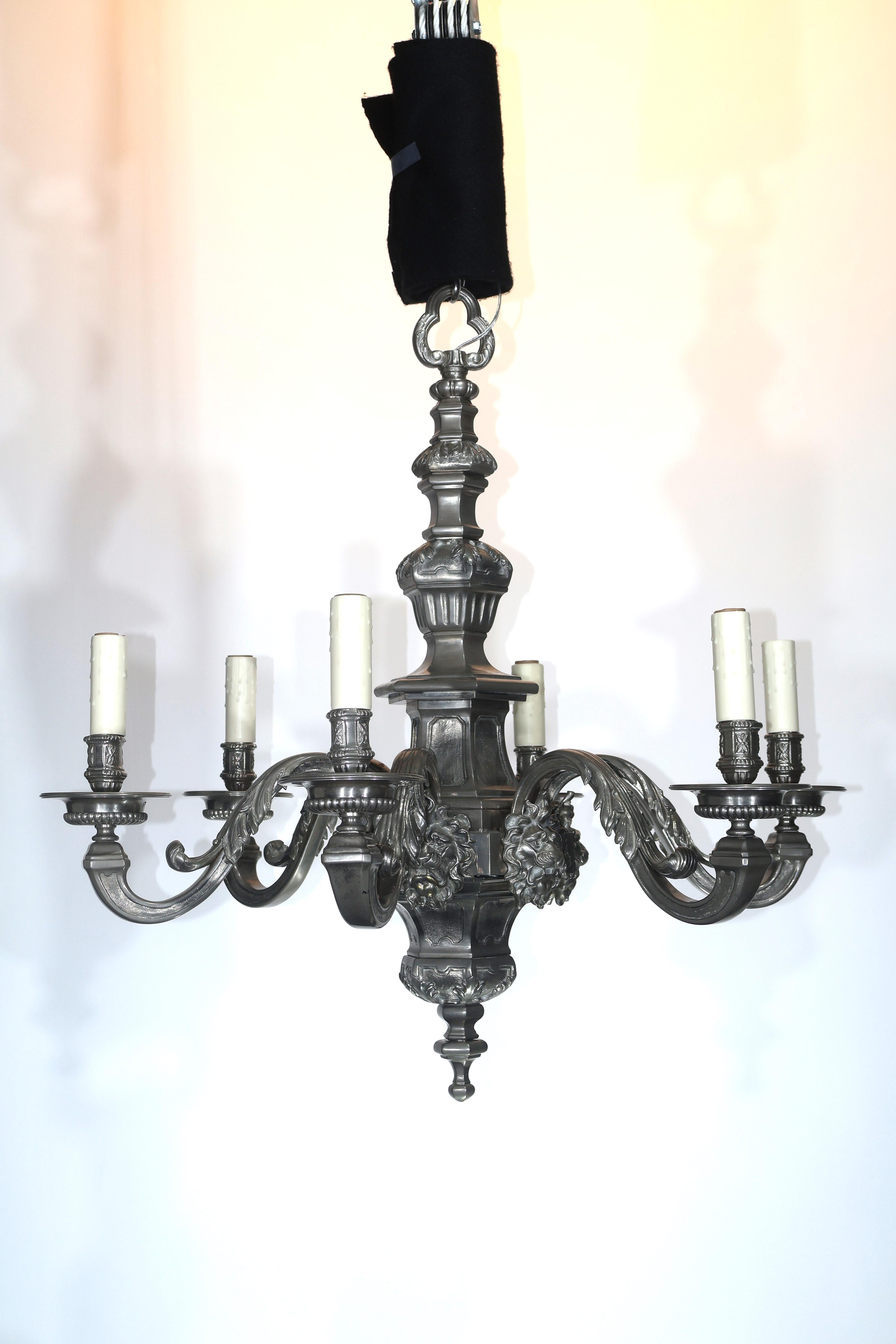 Neoclassical Silver Over Bronze 6 Light Chandelier For Sale