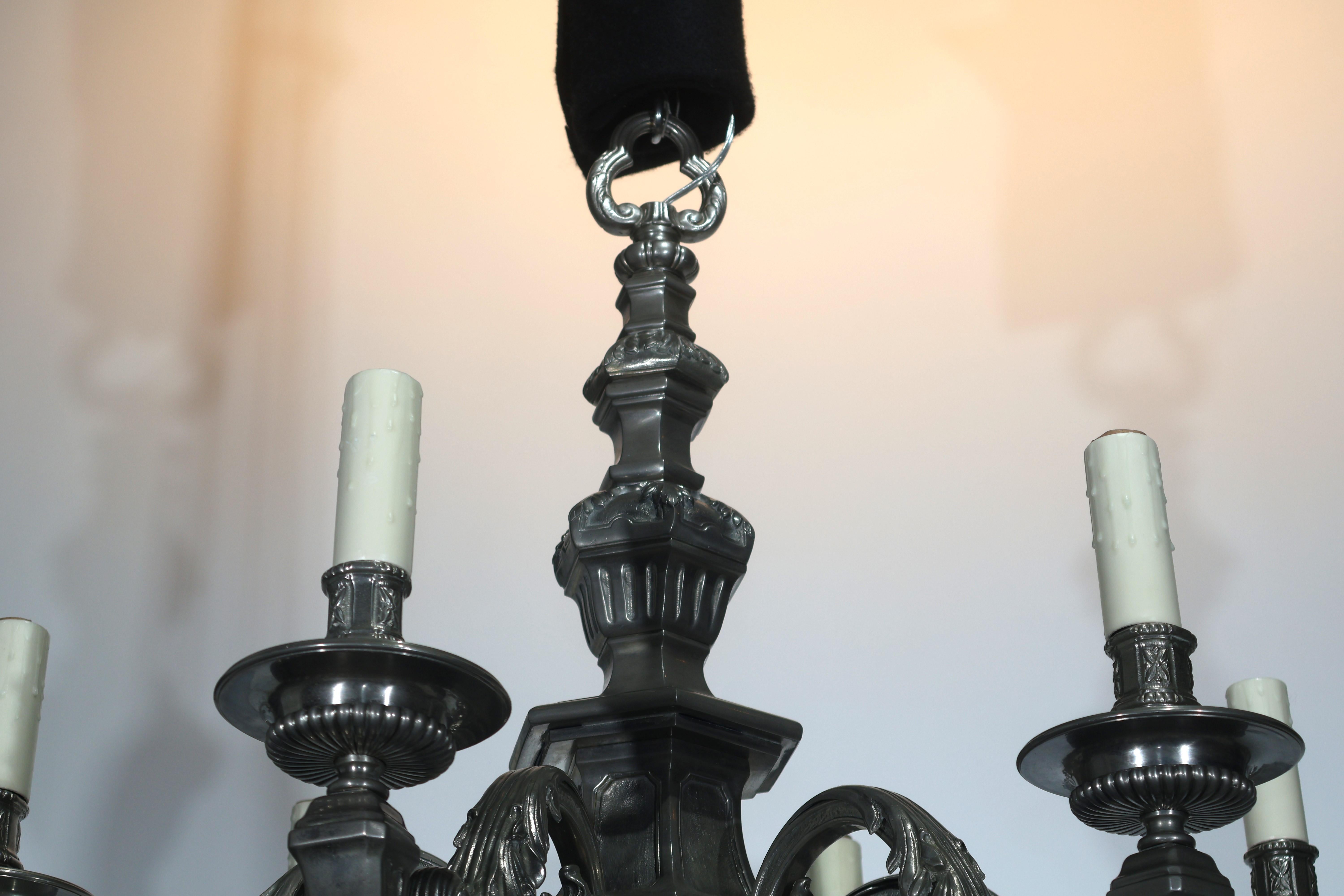 French Silver Over Bronze 6 Light Chandelier For Sale