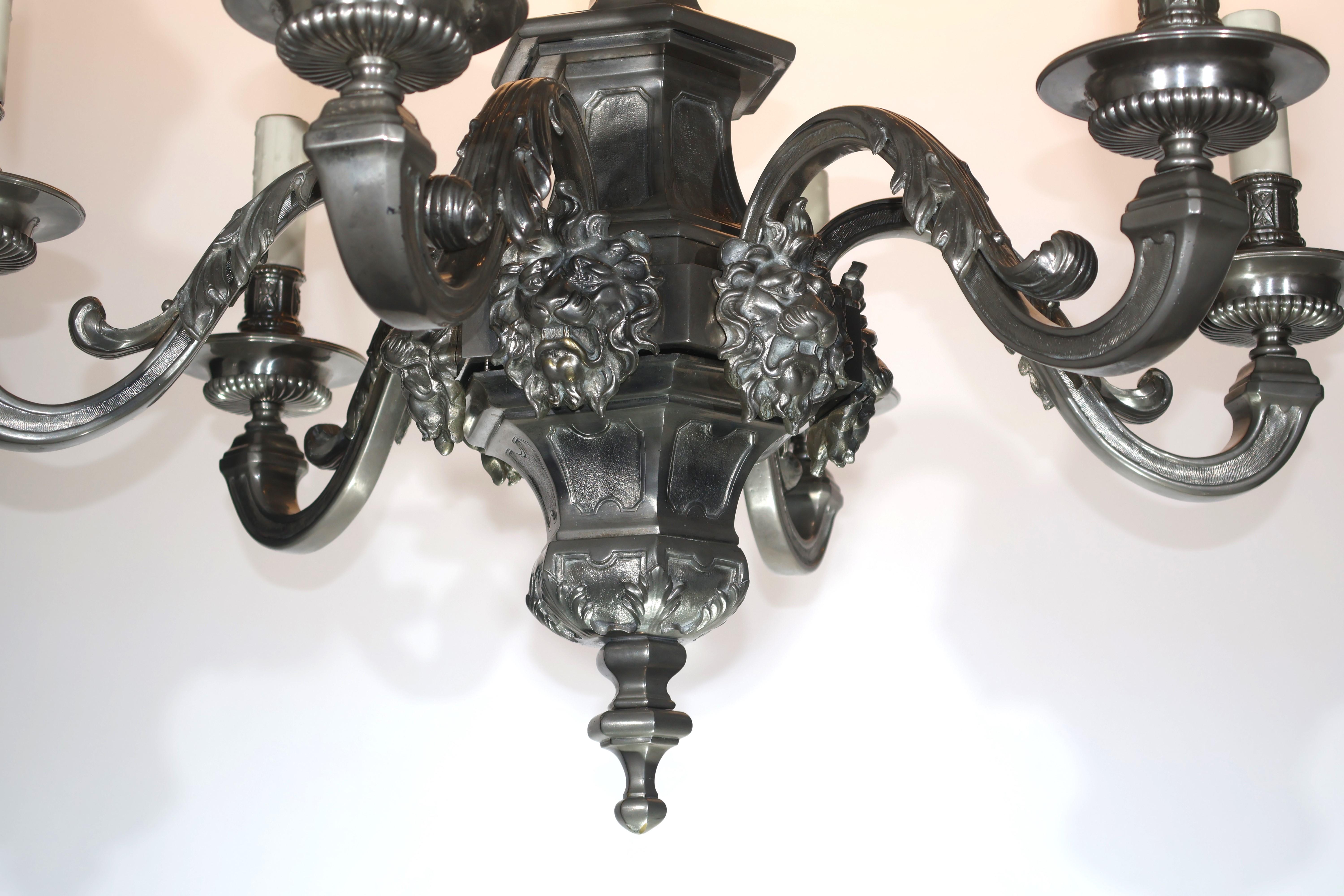 Silvered Silver Over Bronze 6 Light Chandelier For Sale