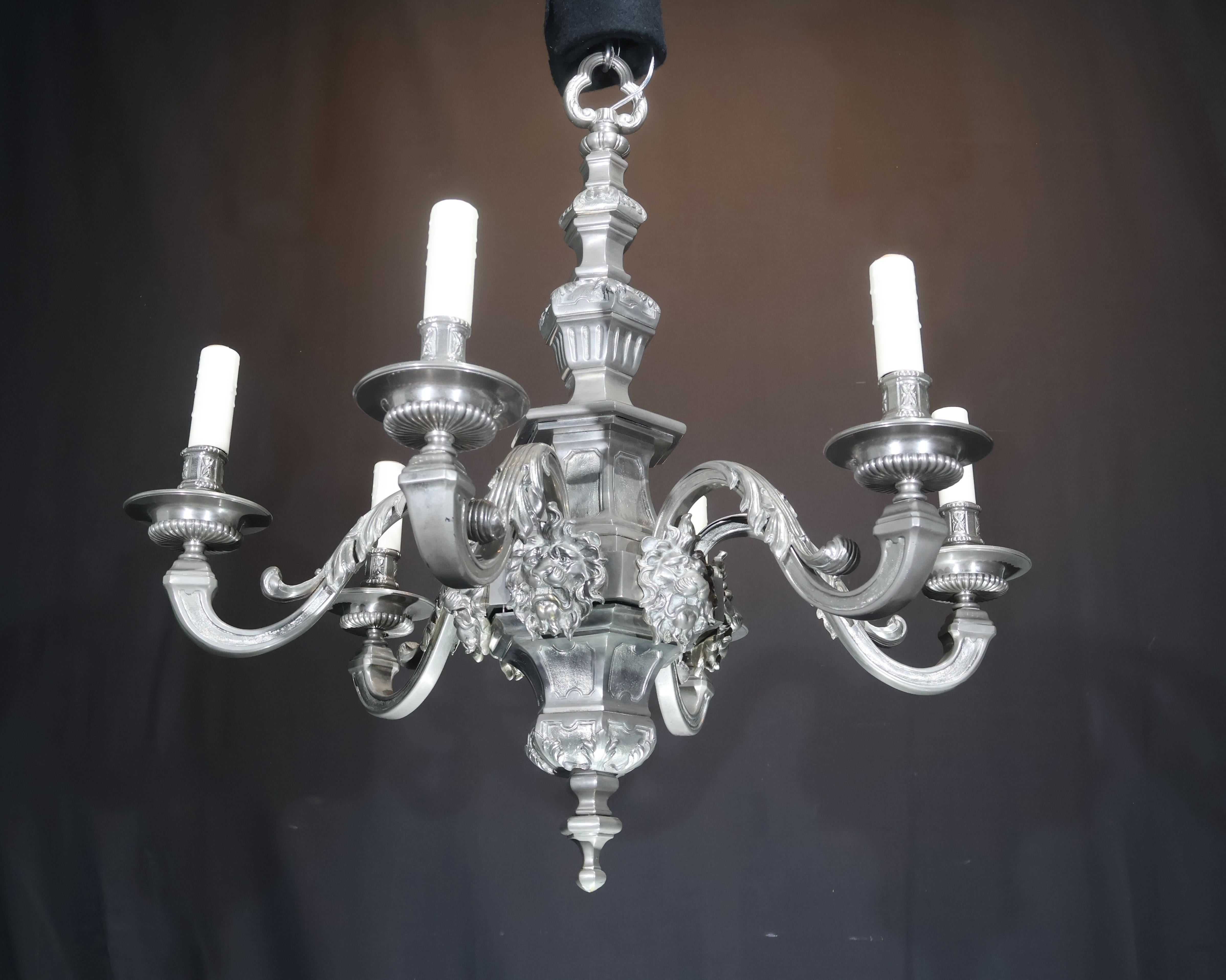 Early 20th Century Silver Over Bronze 6 Light Chandelier For Sale