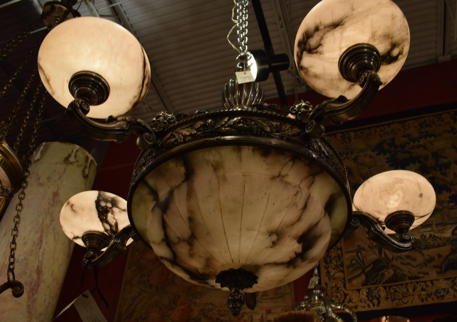 French Silver over Bronze & Alabaster Chandelier For Sale